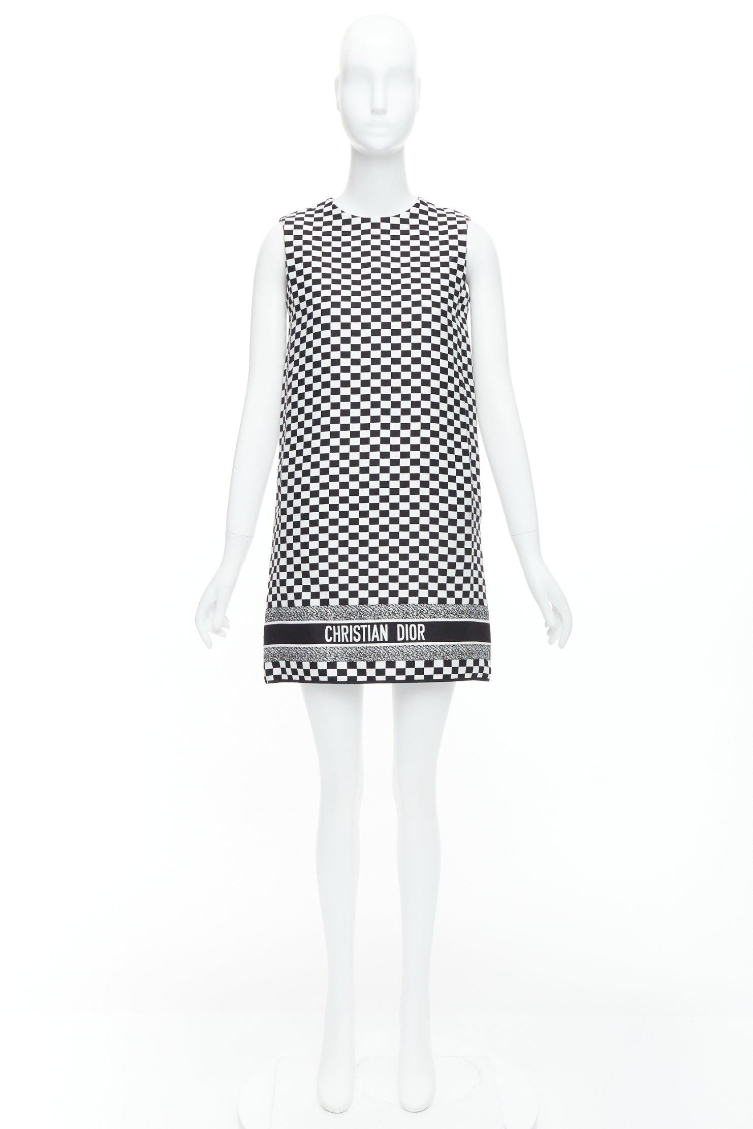 CHRISTIAN DIOR 2018 black white checkered logo mini shift dress FR34 XS 5