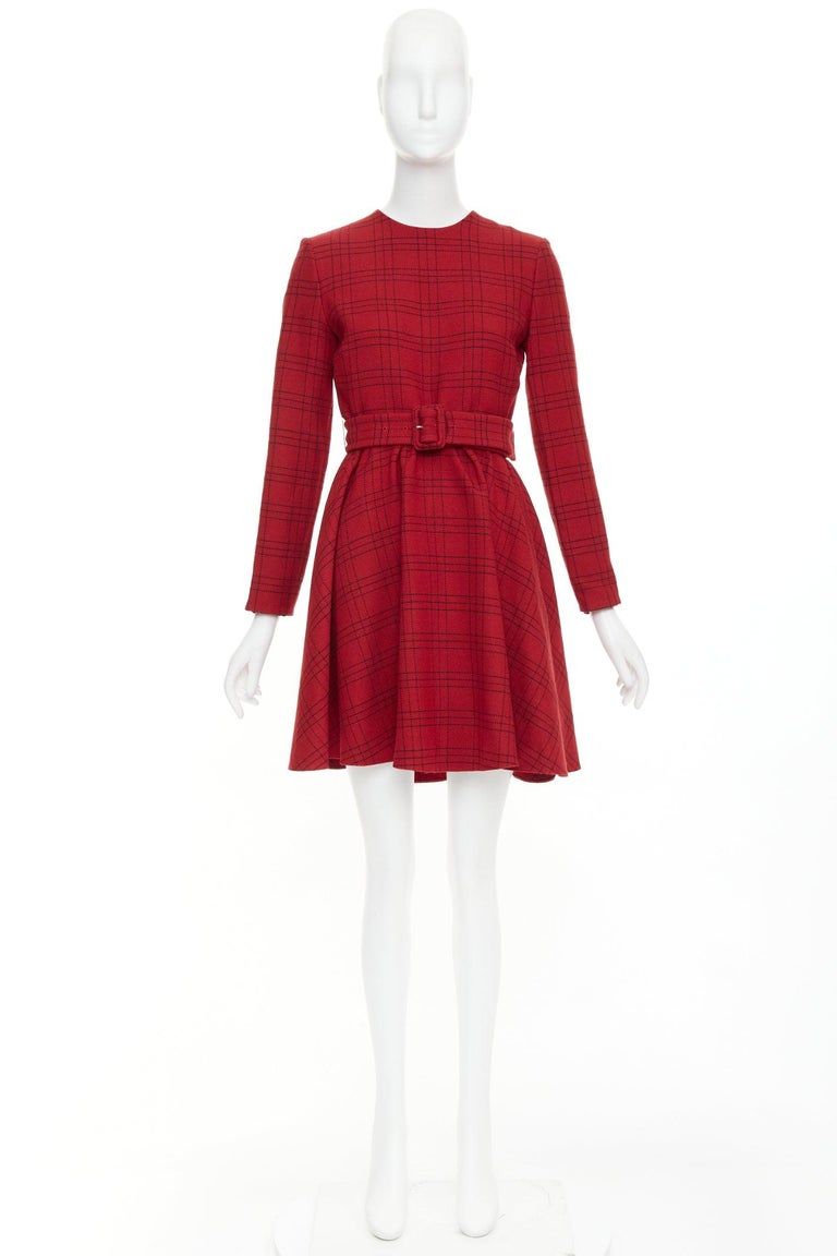 CHRISTIAN DIOR 2018 red plaid check virgin wool belted A-line dress FR36 S For Sale at 1stDibs