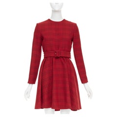CHRISTIAN DIOR 2018 red plaid check virgin wool belted A-line dress FR36 S
