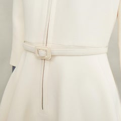 CHRISTIAN DIOR 2019: miniabito svasato in lana e seta color avorio, con zip frontale e cintura, taglia FR36 S