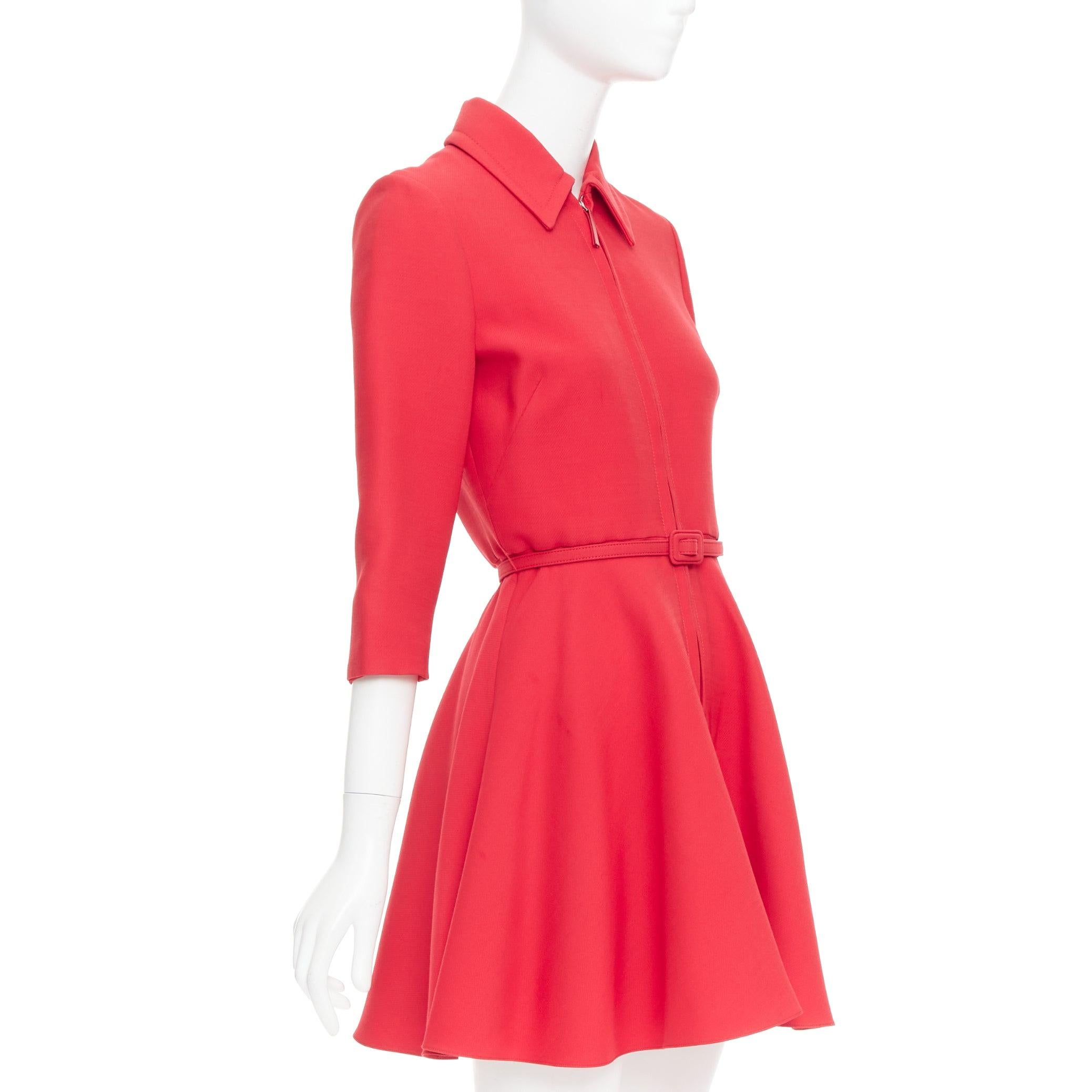 Red CHRISTIAN DIOR 2019 red wool silk half zip belted flare dress FR36 S For Sale