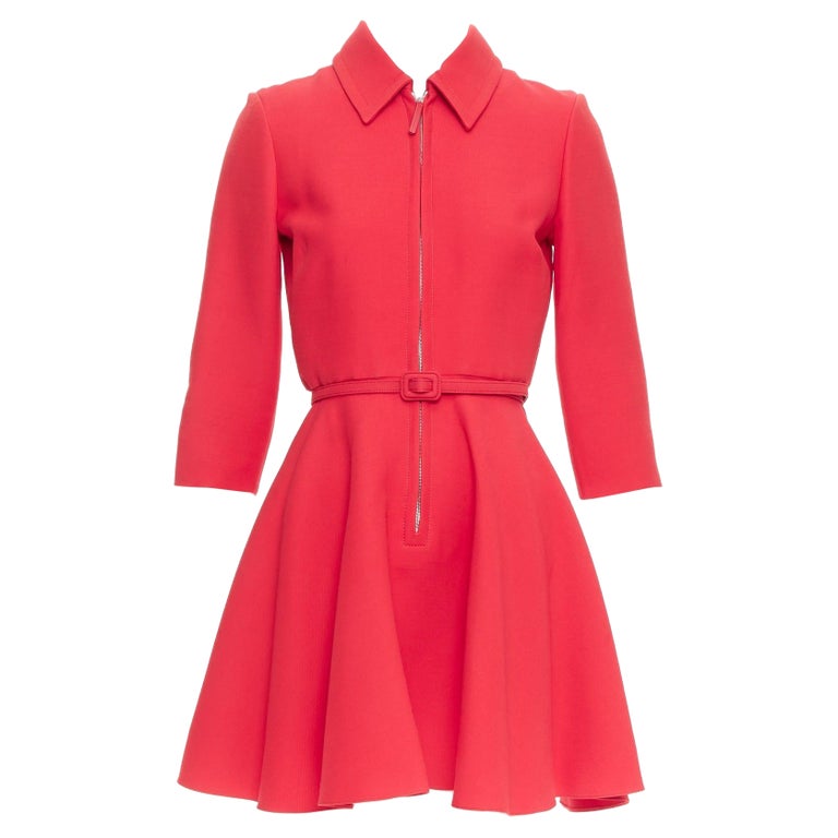 CHRISTIAN DIOR 2019 red wool silk half zip belted flare dress FR36 S For  Sale at 1stDibs
