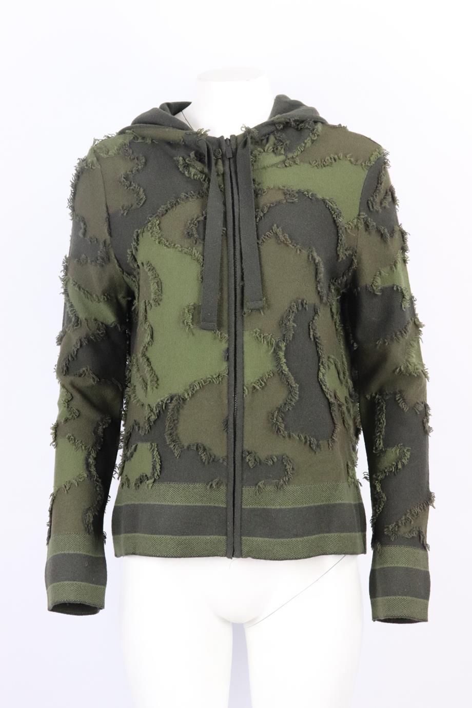 Christian Dior 2020 camouflage intarsia cashmere blend hoodie. Khaki-green. Long sleeve, crewneck. Zip up fastening at front. 99% Cashmere, 1% nylon. Size: FR 44 (UK 16, US 12, IT 48). Bust: 41 in. Waist: 39 in. Hips: 41 in. Length: 21 in. Very good