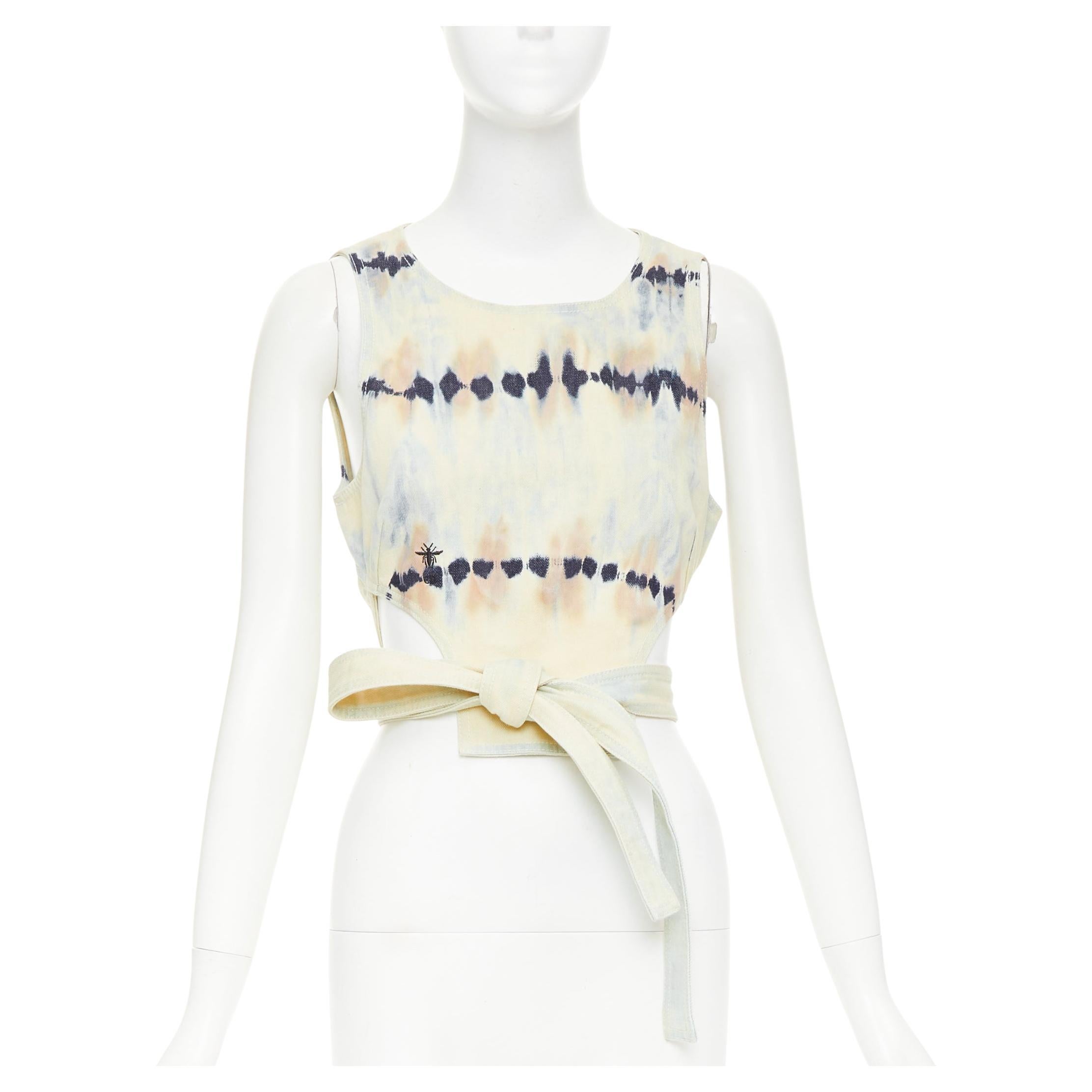 CHRISTIAN DIOR 2021 grey blue tie dye cotton tie open back crop top FR40 S