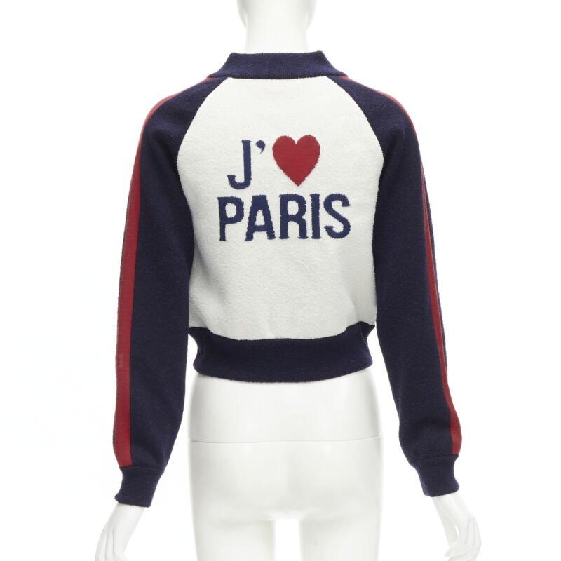 CHRISTIAN DIOR 2021 I Love Paris wool cropped track jacket zip bomber FR34 XS
Reference: AAWC/A00252
Brand: Dior
Designer: Maria Grazia Chiuri
Collection: 2021
Material: Virgin Wool, Others
Color: Navy, White
Pattern: Graphic
Closure: Zip
Lining: 