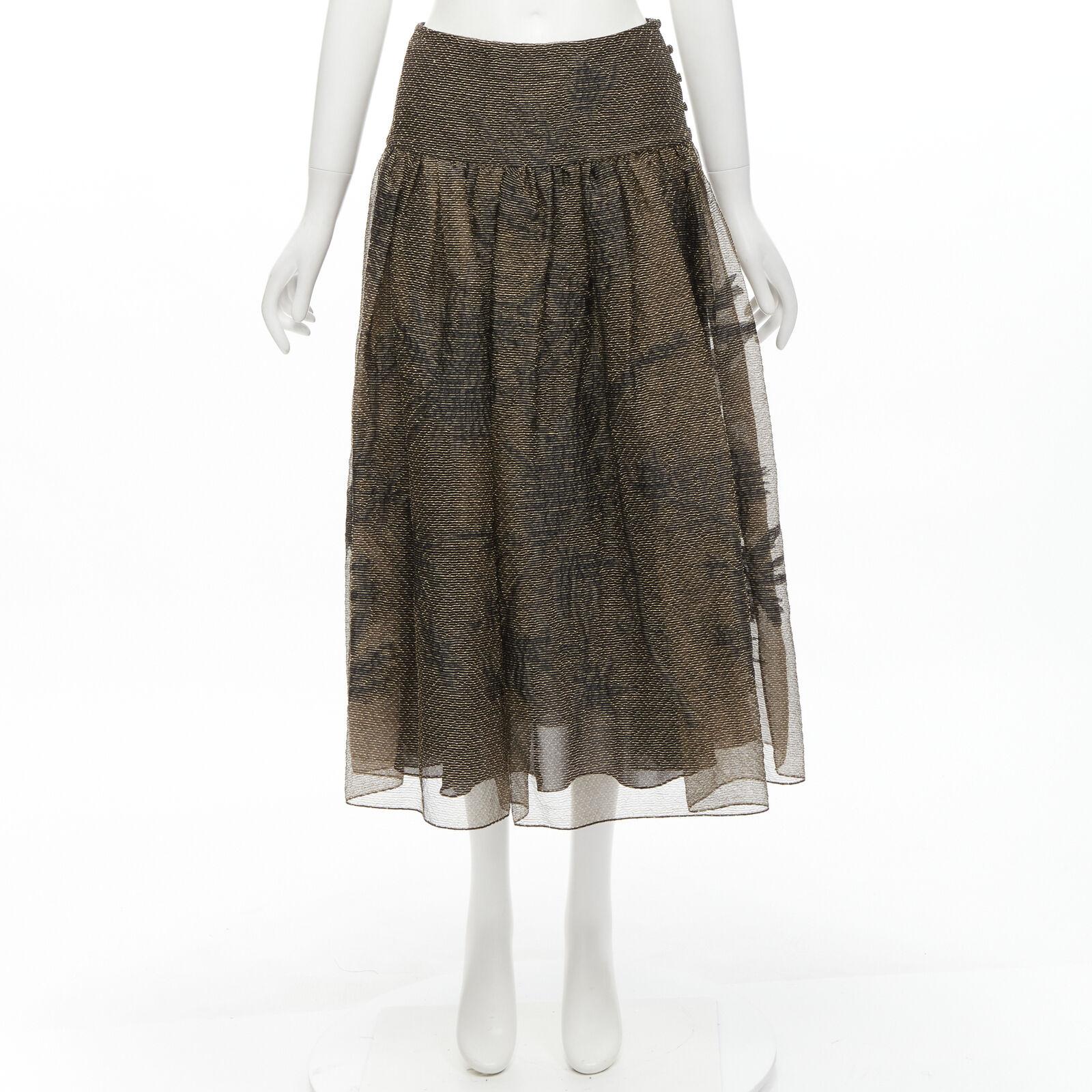 CHRISTIAN DIOR 2021 linen silk gold black leaf pattern faille full skirt FR36 XS For Sale 5