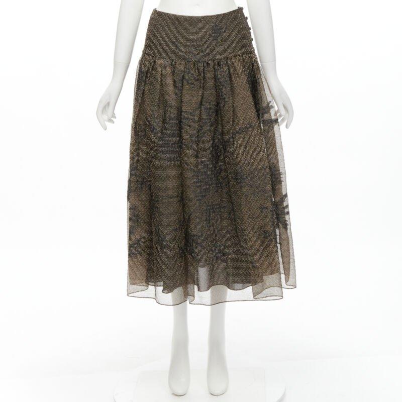 CHRISTIAN DIOR 2021 linen silk gold black leaf pattern faille full skirt FR36 XS For Sale 5