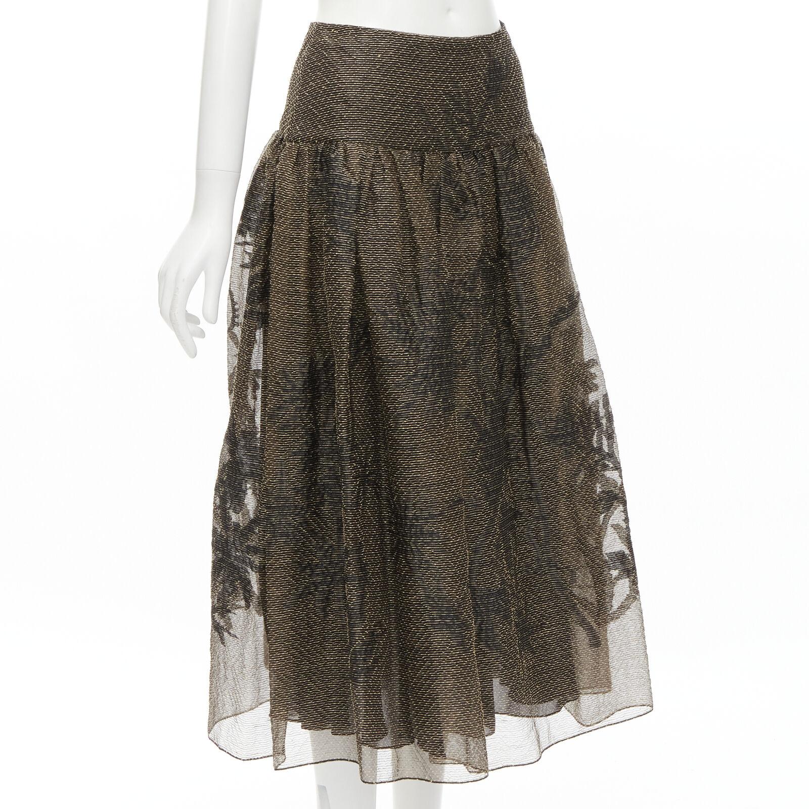 Black CHRISTIAN DIOR 2021 linen silk gold black leaf pattern faille full skirt FR36 XS For Sale
