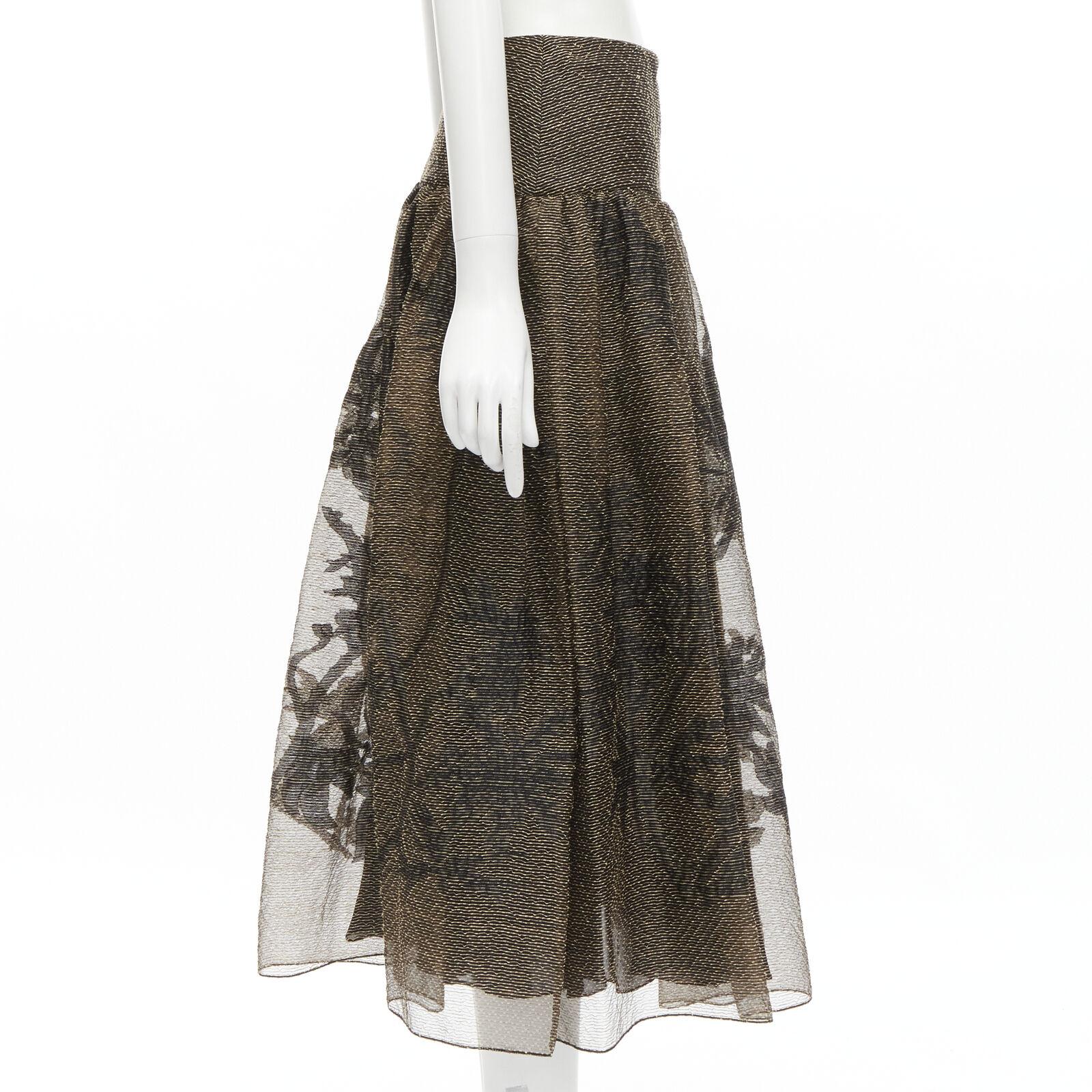 CHRISTIAN DIOR 2021 linen silk gold black leaf pattern faille full skirt FR36 XS In Excellent Condition For Sale In Hong Kong, NT