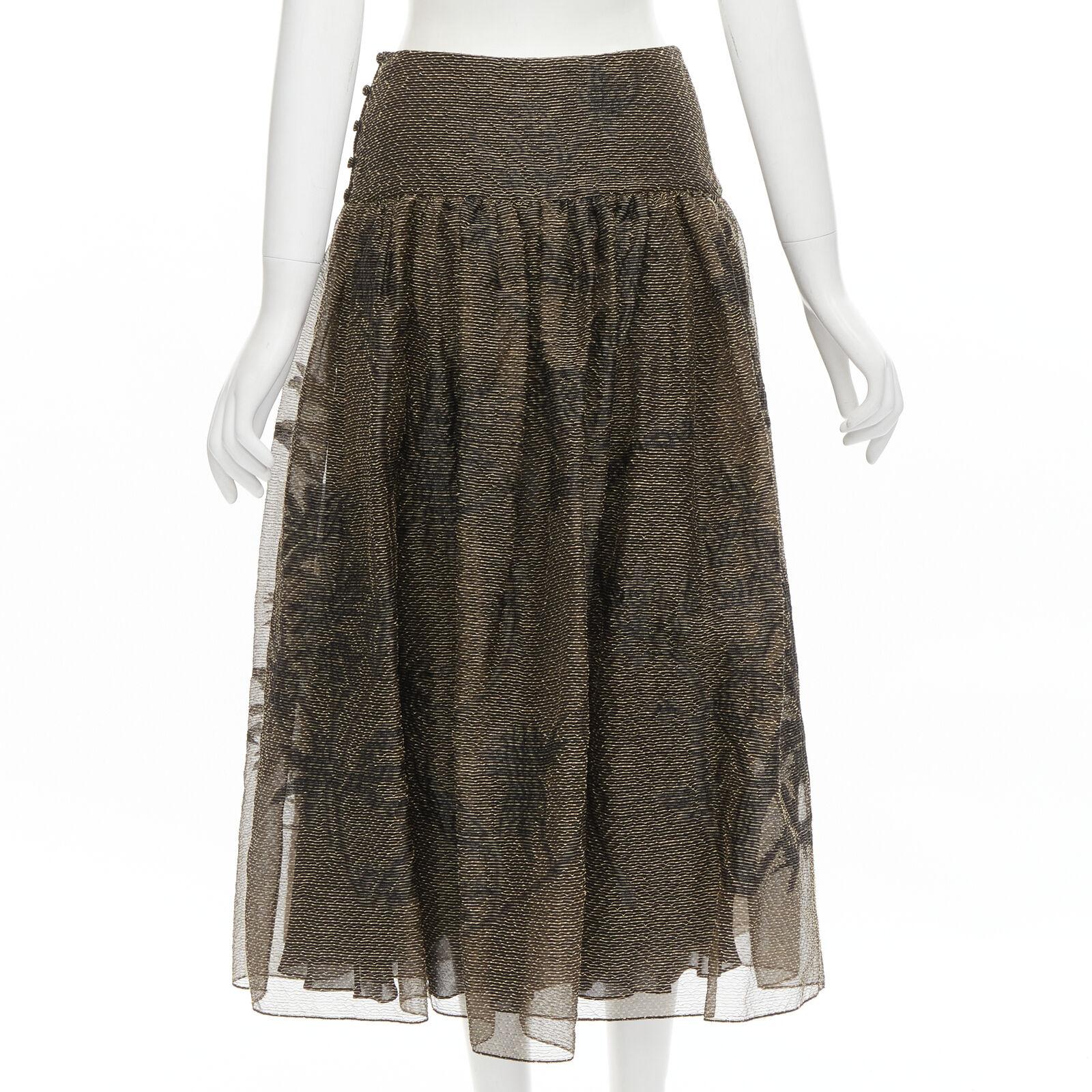 Women's CHRISTIAN DIOR 2021 linen silk gold black leaf pattern faille full skirt FR36 XS For Sale