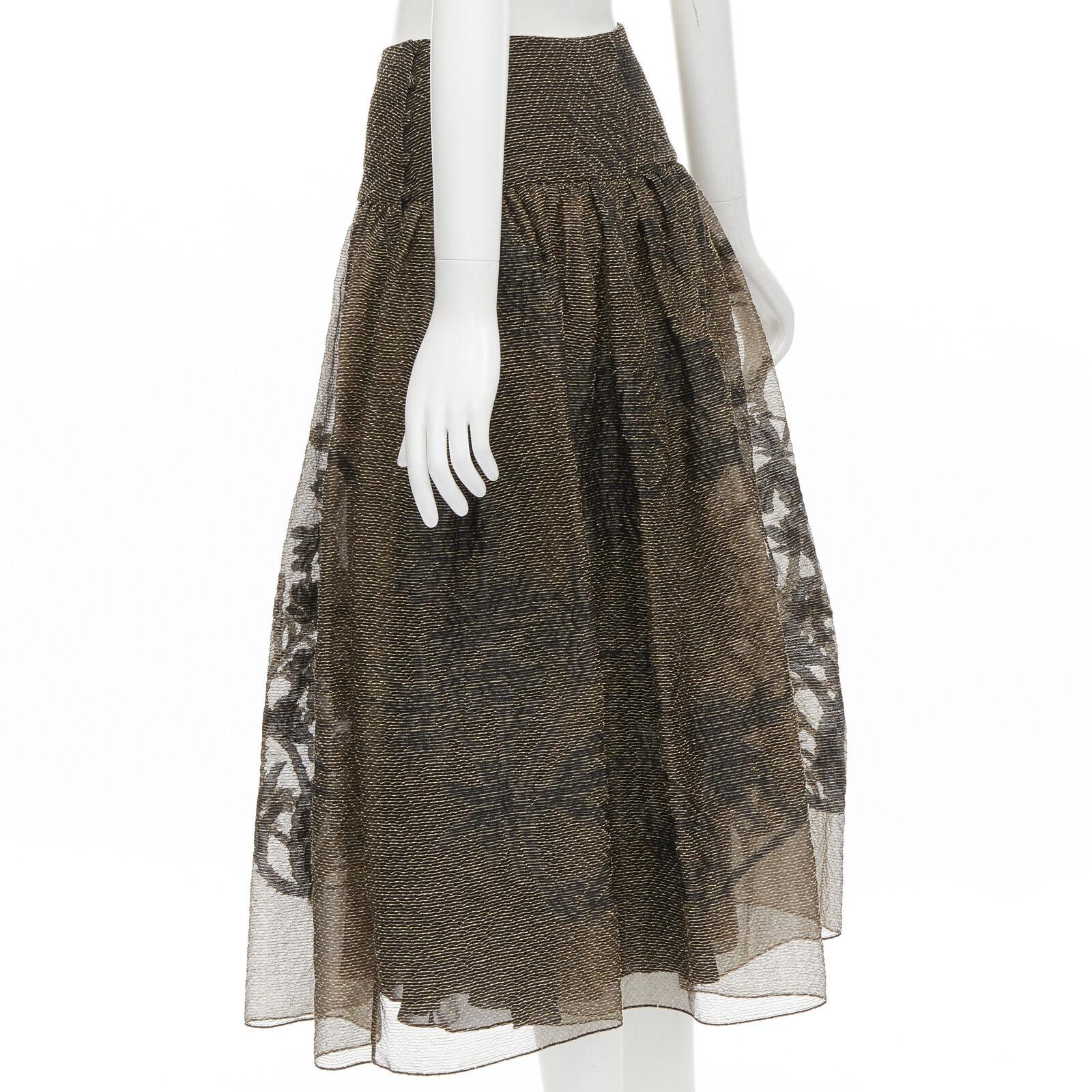 CHRISTIAN DIOR 2021 linen silk gold black leaf pattern faille full skirt FR36 XS For Sale 1
