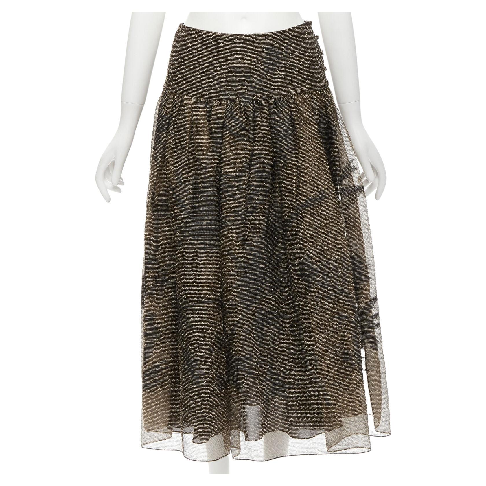 CHRISTIAN DIOR 2021 linen silk gold black leaf pattern faille full skirt FR36 XS For Sale