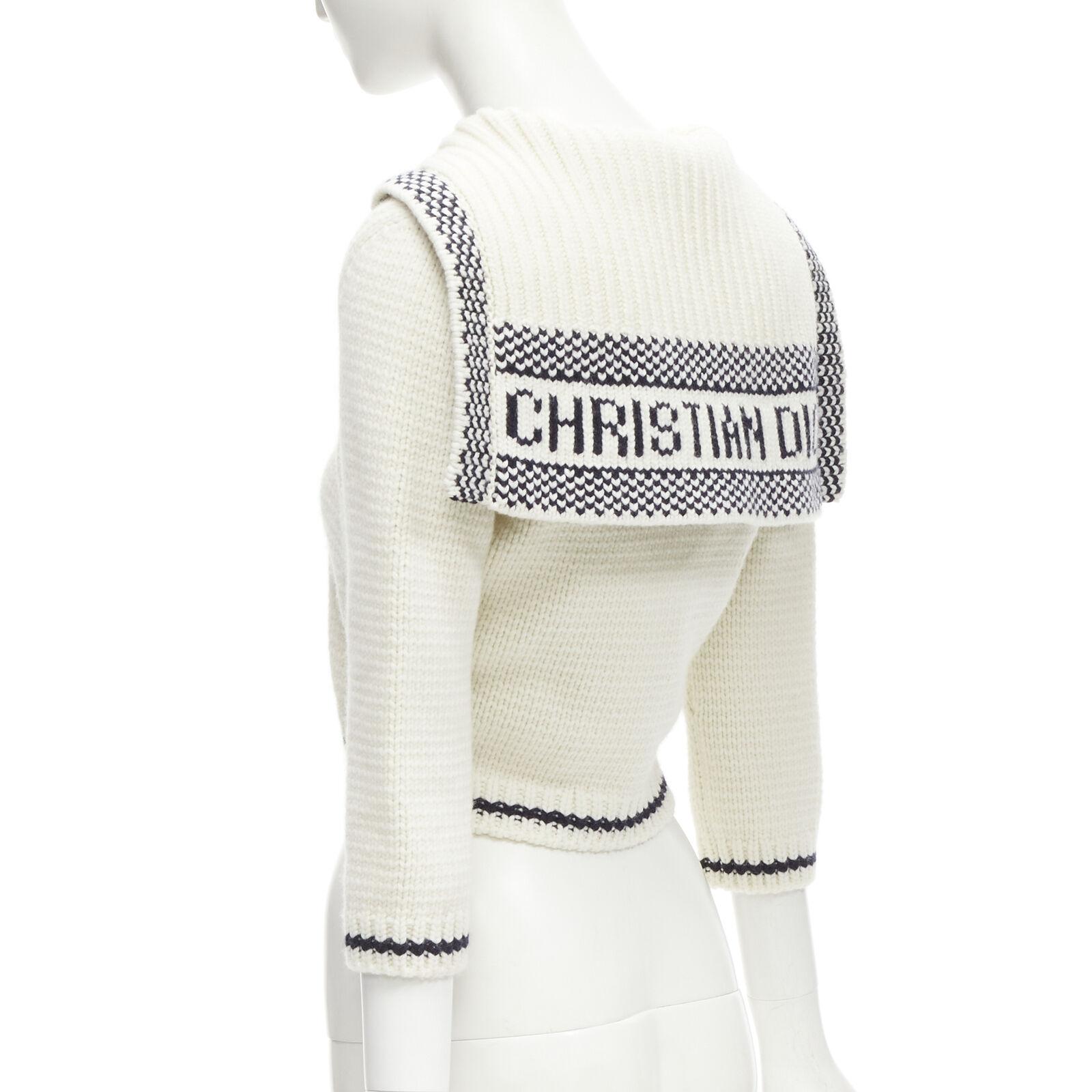 Women's CHRISTIAN DIOR 2021 Mariniere wool cashmere beige sailor collar cardigan FR34 XS For Sale