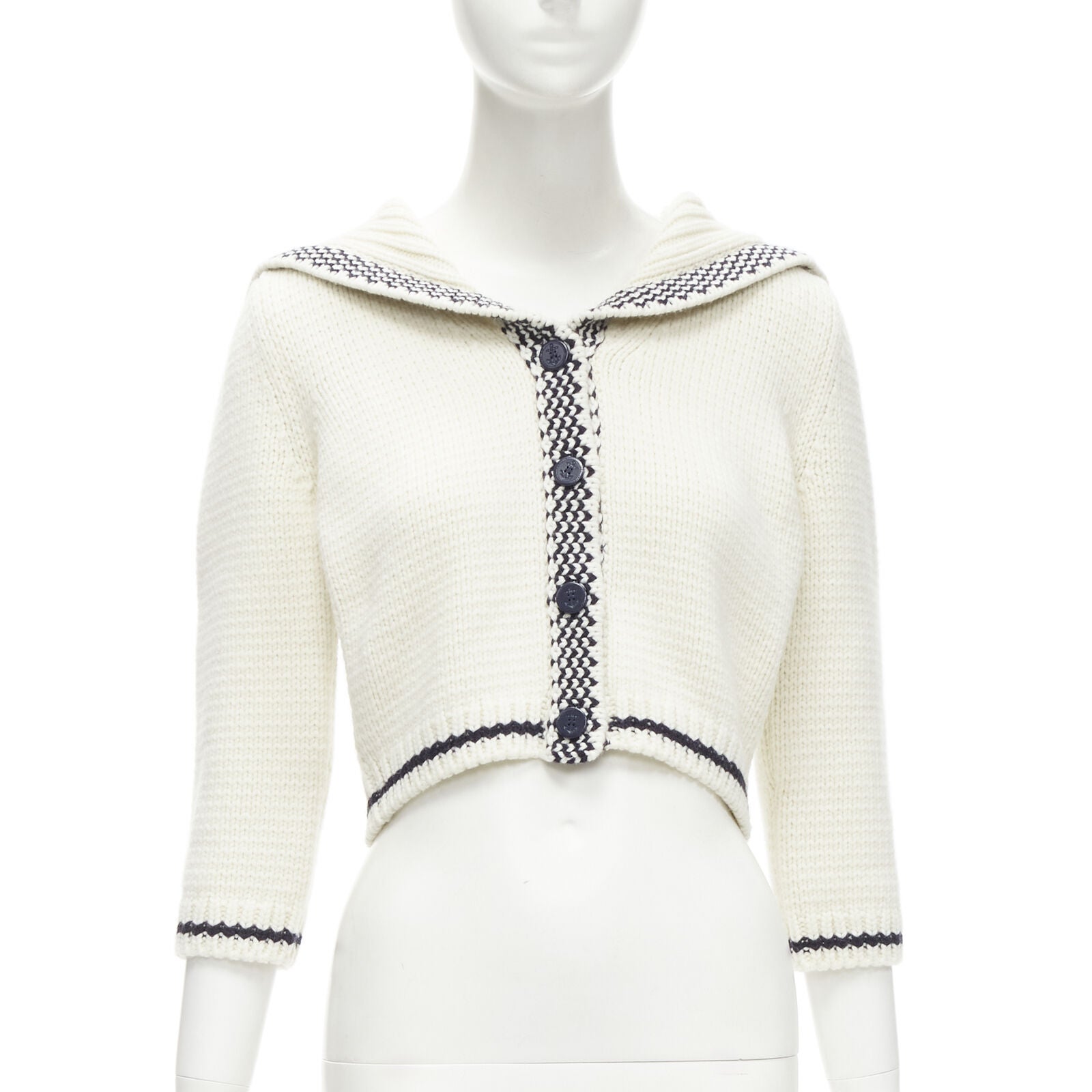 CHRISTIAN DIOR 2021 Mariniere wool cashmere beige sailor collar cardigan FR34 XS For Sale