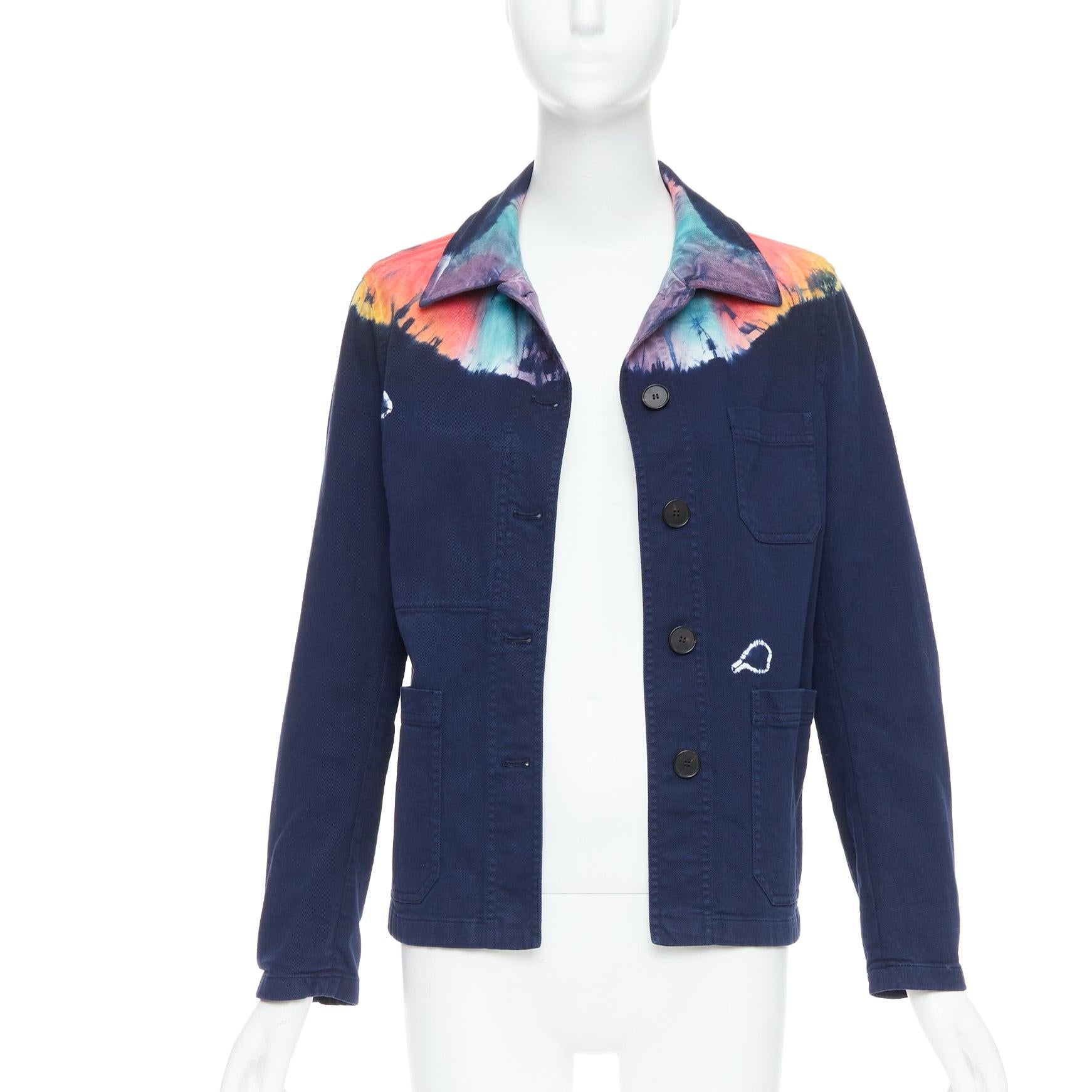 Blue CHRISTIAN DIOR 2021 rainbow tie dye blue cotton cropped jacket FR40 L For Sale