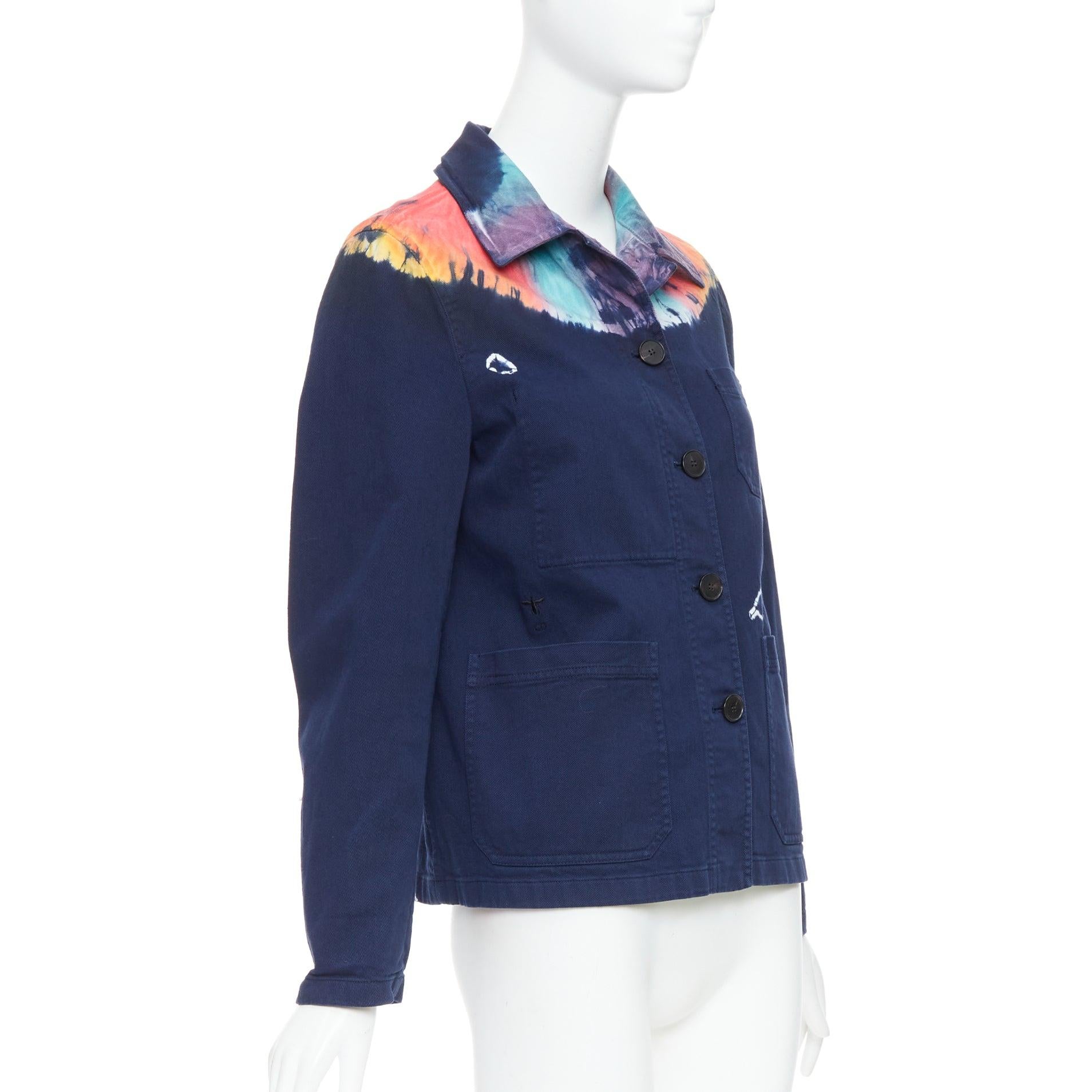 CHRISTIAN DIOR 2021 rainbow tie dye blue cotton cropped jacket FR40 L In Excellent Condition For Sale In Hong Kong, NT