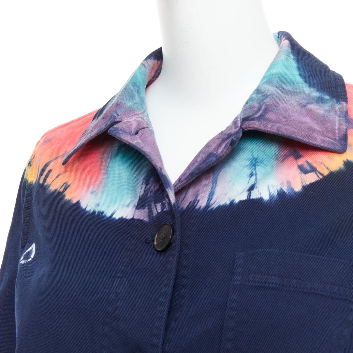 CHRISTIAN DIOR 2021 rainbow tie dye blue cotton cropped jacket FR40 L For Sale 3