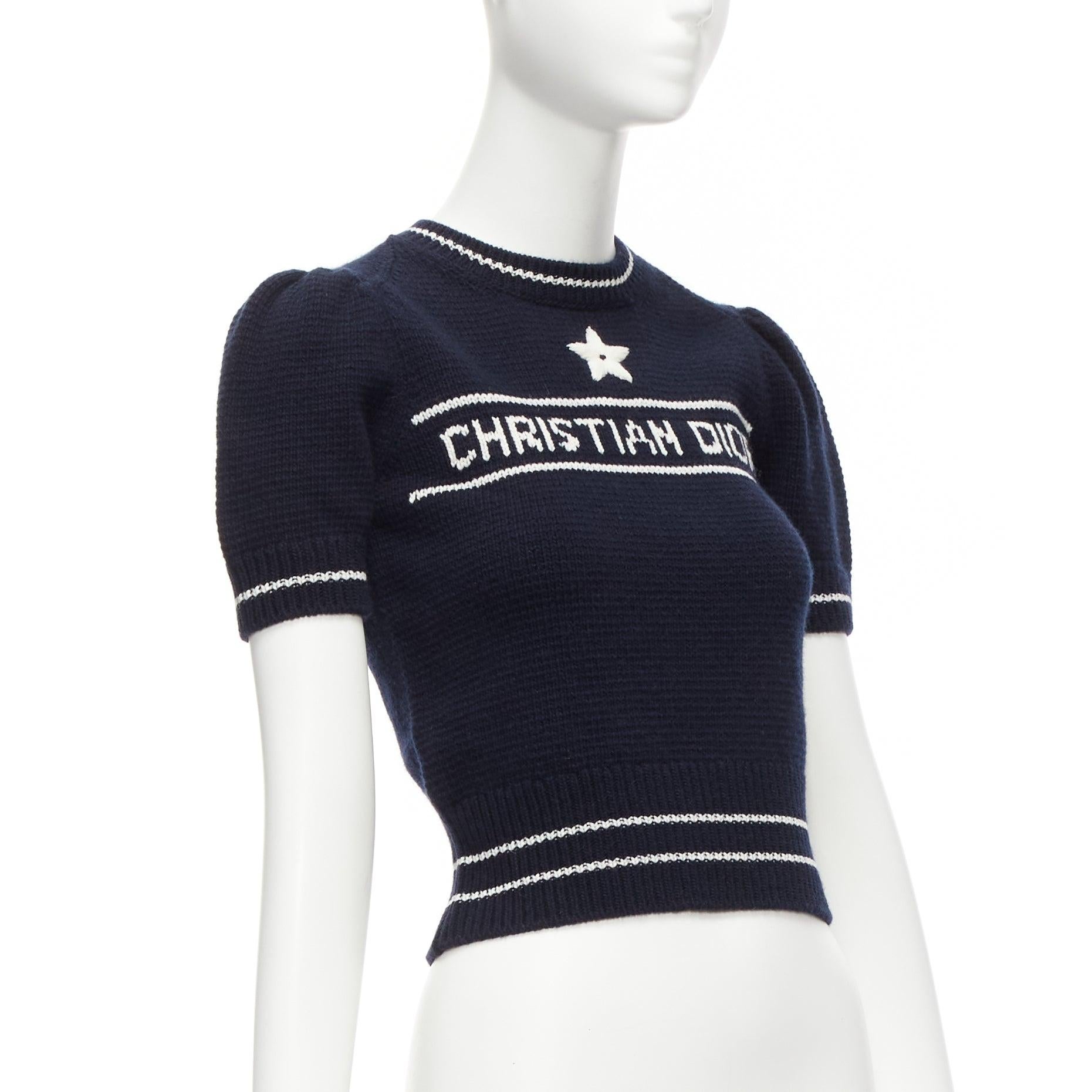 CHRISTIAN DIOR 2022 100% cashmere navy puff sleeve crew crop sweater FR34 XXS In Excellent Condition For Sale In Hong Kong, NT