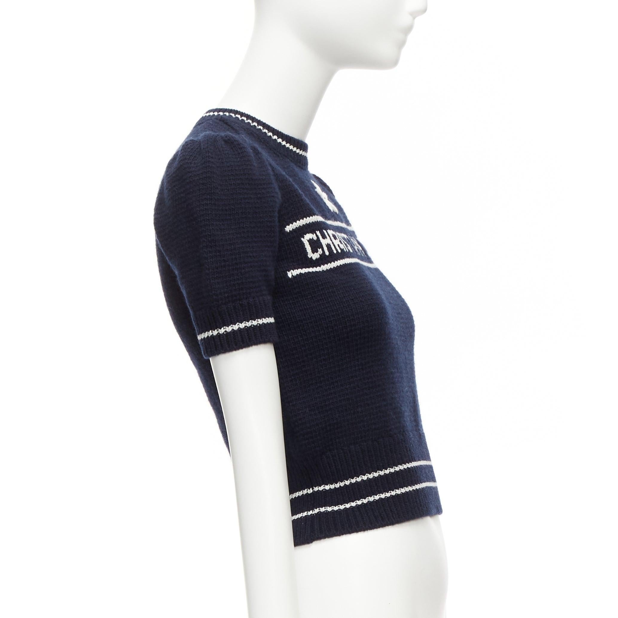 Women's CHRISTIAN DIOR 2022 100% cashmere navy puff sleeve crew crop sweater FR34 XXS For Sale