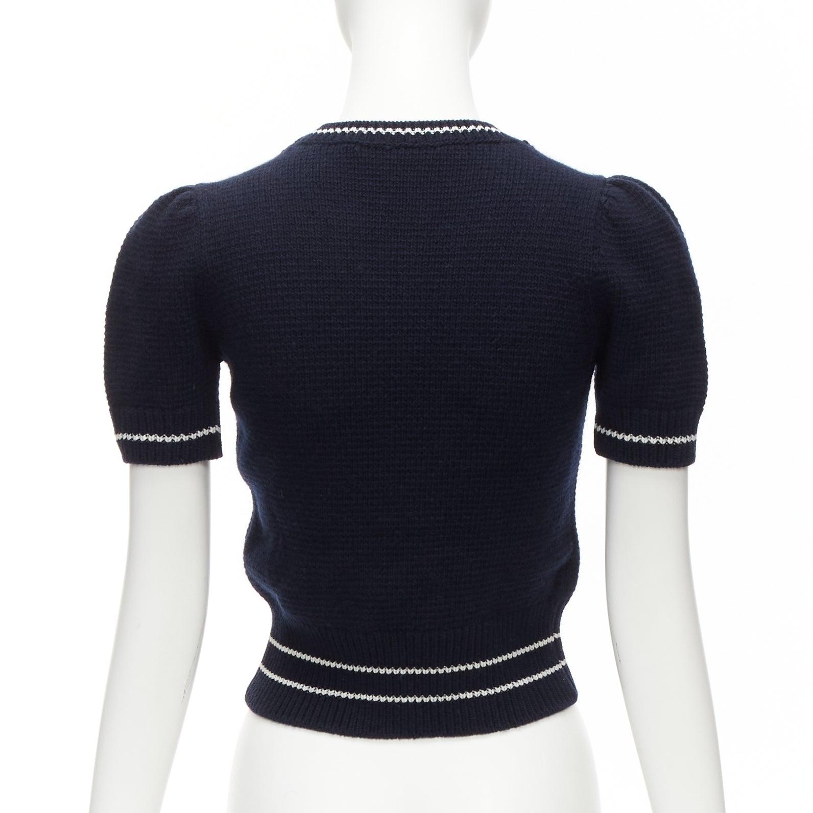 CHRISTIAN DIOR 2022 100% cashmere navy puff sleeve crew crop sweater FR34 XXS For Sale 1