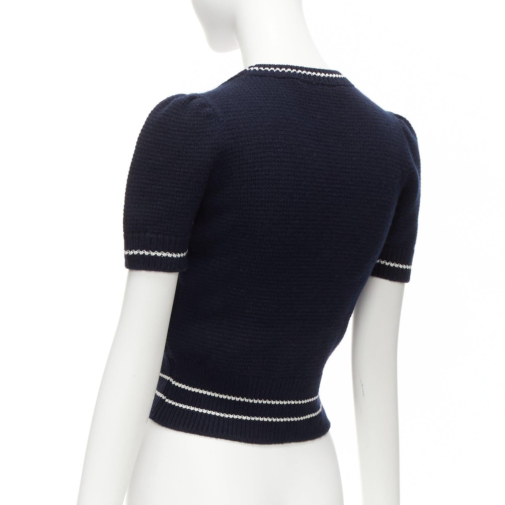 CHRISTIAN DIOR 2022 100% cashmere navy puff sleeve crew crop sweater FR34 XXS For Sale 2