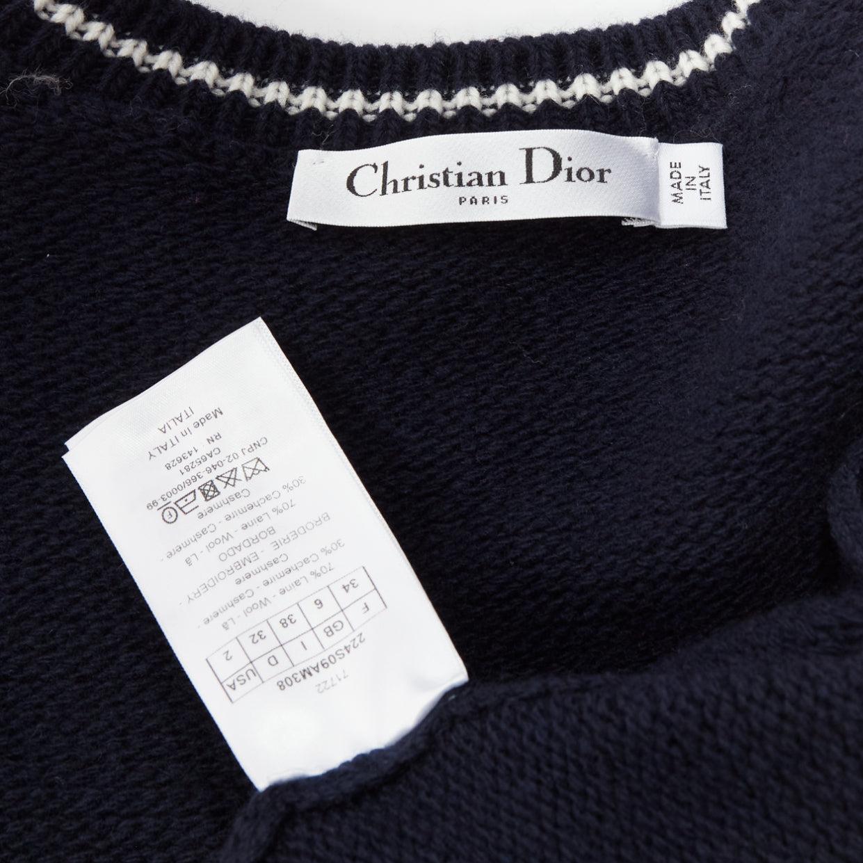 CHRISTIAN DIOR 2022 100% cashmere navy puff sleeve crew crop sweater FR34 XXS For Sale 4