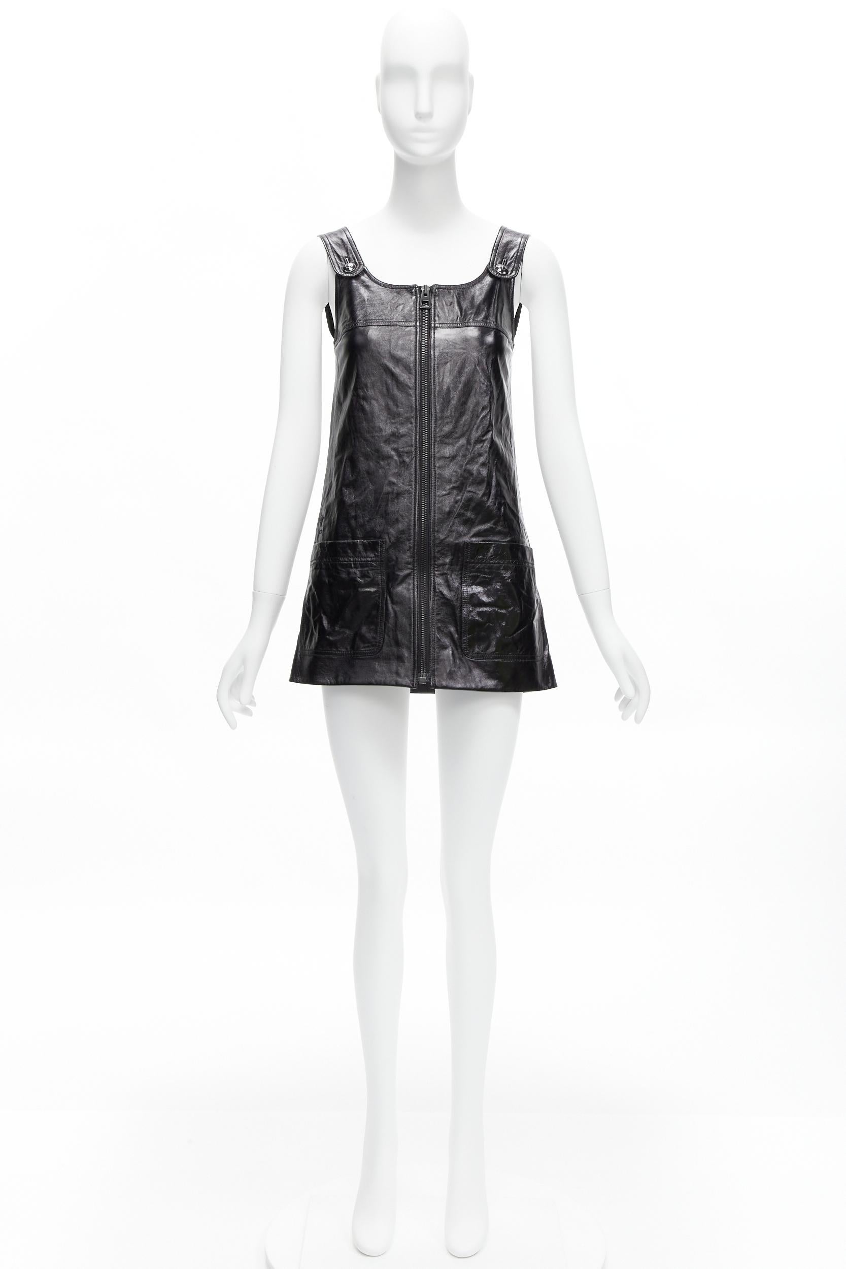 CHRISTIAN DIOR 2022 black crinkled lambskin leather CD logo dungare dress FR36 S For Sale 5