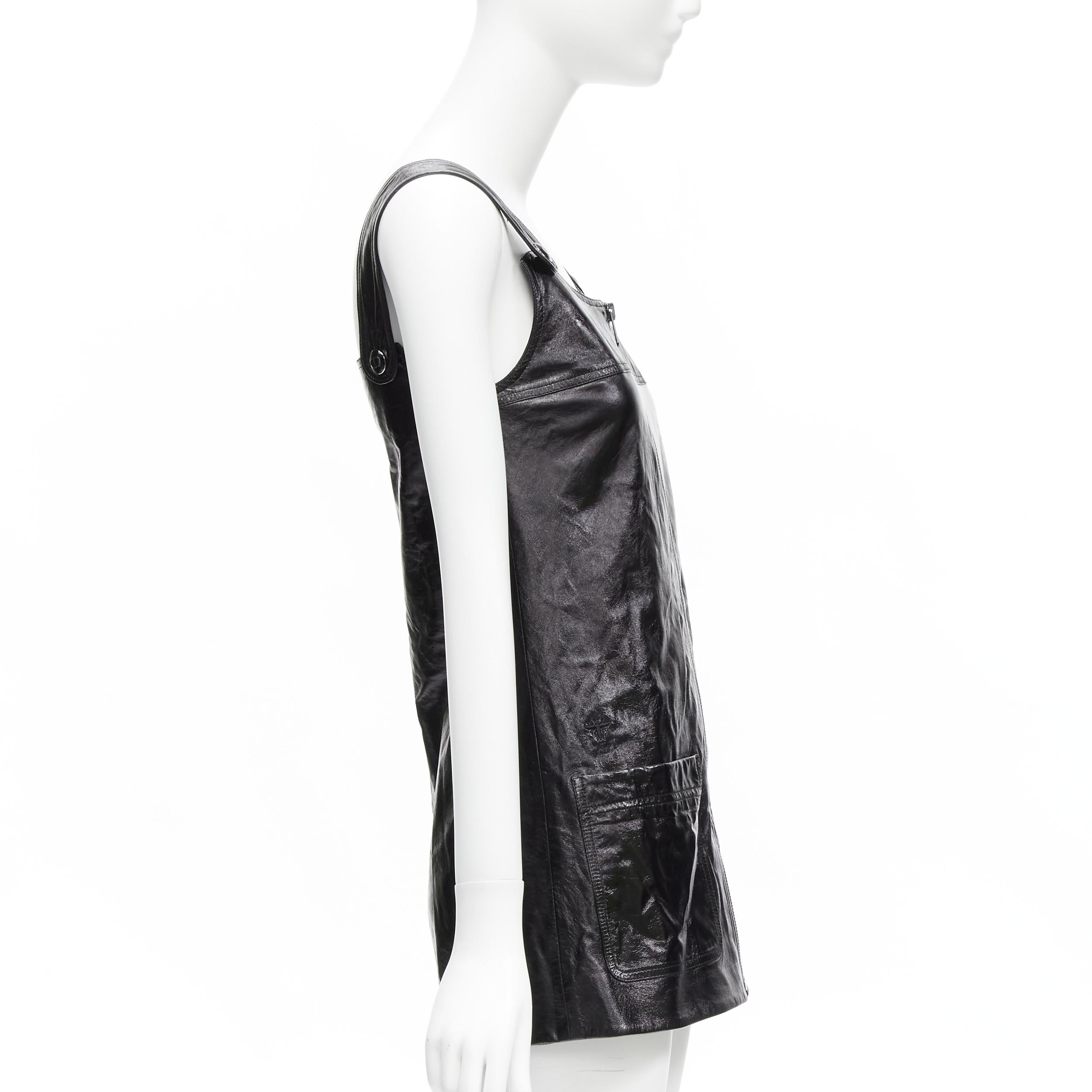 CHRISTIAN DIOR 2022 black crinkled lambskin leather CD logo dungare dress FR36 S In Excellent Condition For Sale In Hong Kong, NT