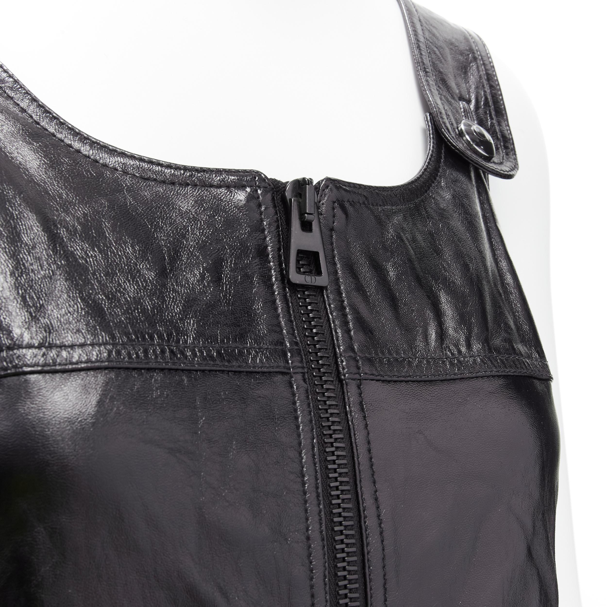 CHRISTIAN DIOR 2022 black crinkled lambskin leather CD logo dungare dress FR36 S For Sale 3
