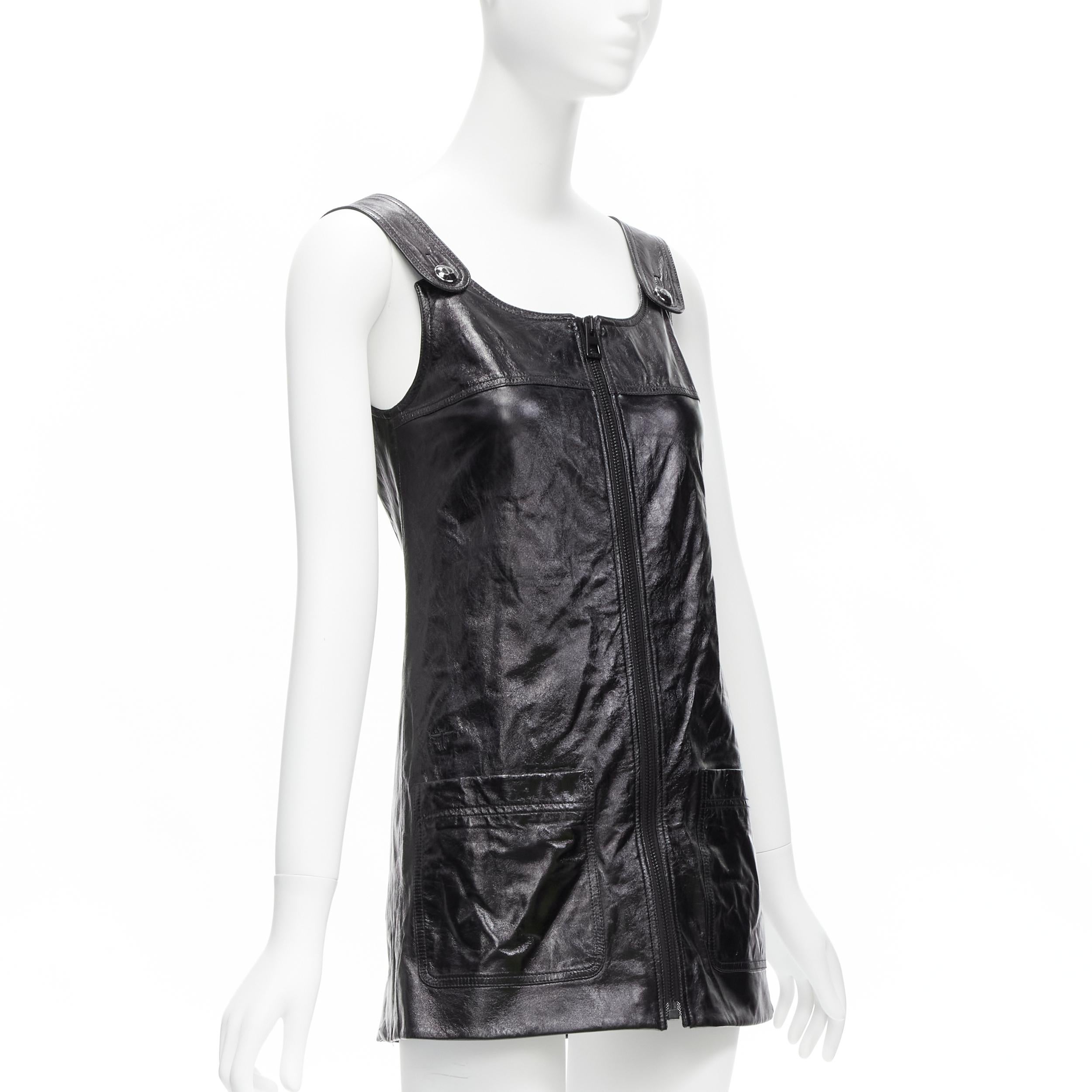 CHRISTIAN DIOR 2022 crinkled lambskin leather CD logo dungaree mini dress FR36 S In Excellent Condition For Sale In Hong Kong, NT