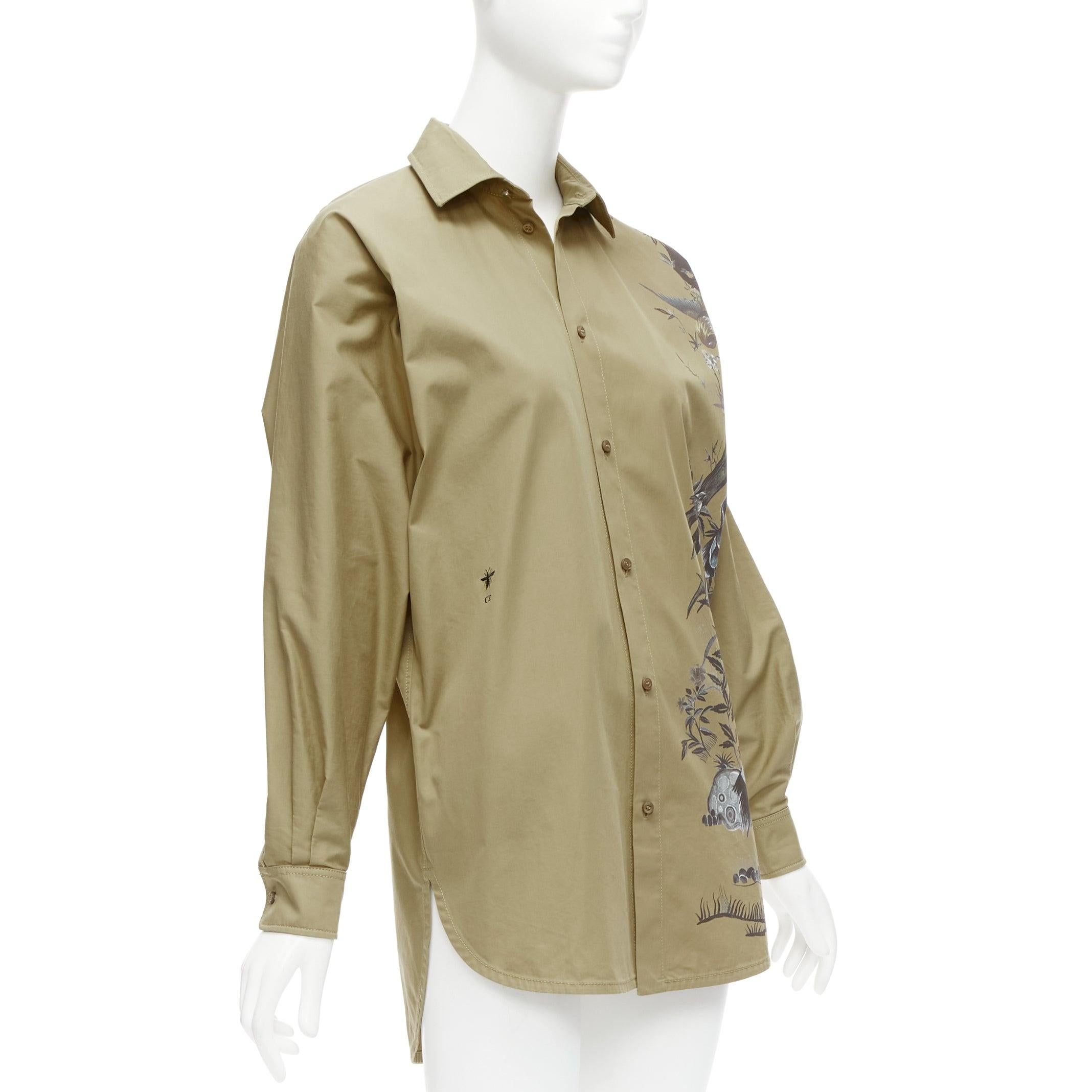Brown CHRISTIAN DIOR 2022 Jardin dhiver khaki bird flower dress shirt FR34 XS For Sale