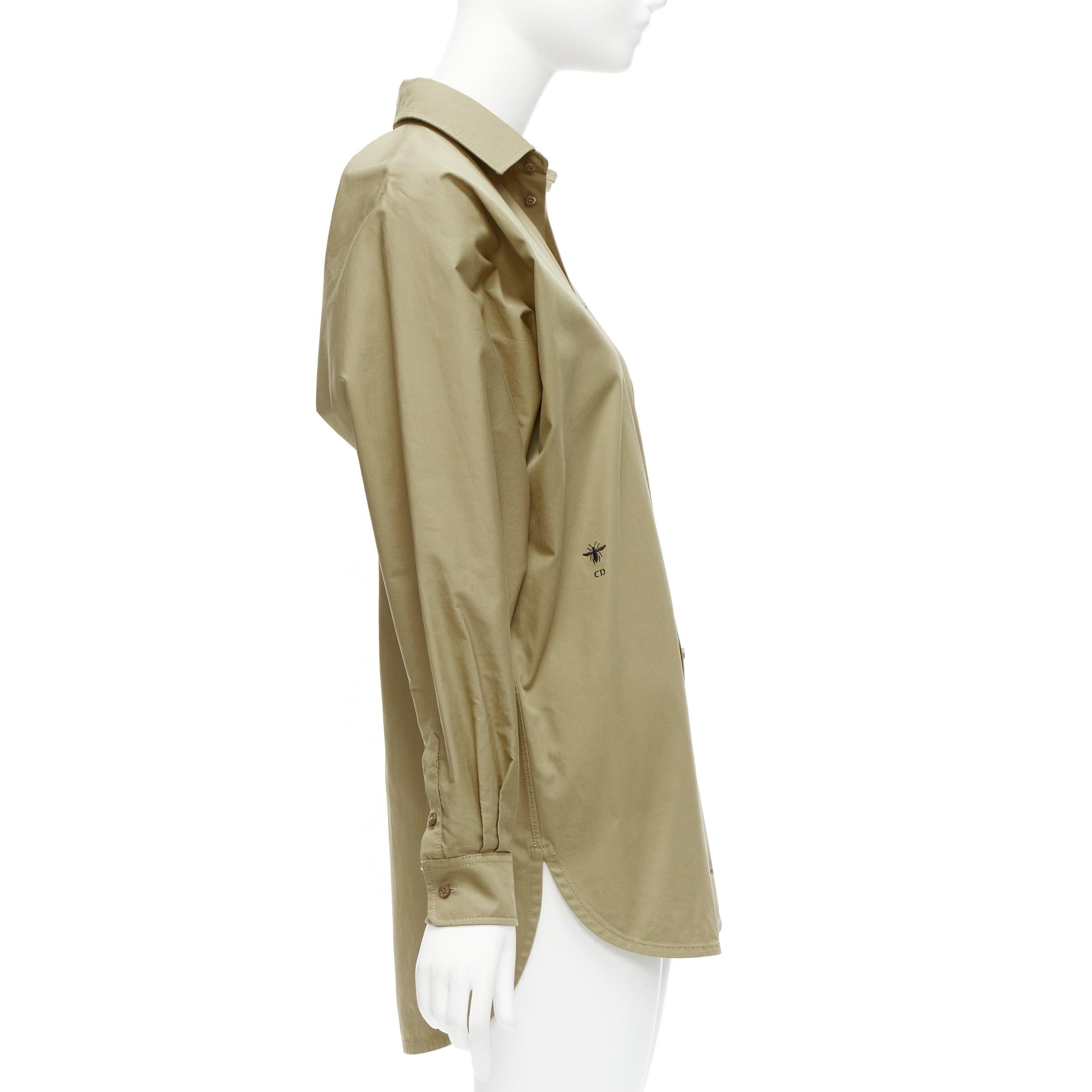 CHRISTIAN DIOR 2022 Jardin dhiver khaki bird flower dress shirt FR34 XS In Good Condition For Sale In Hong Kong, NT