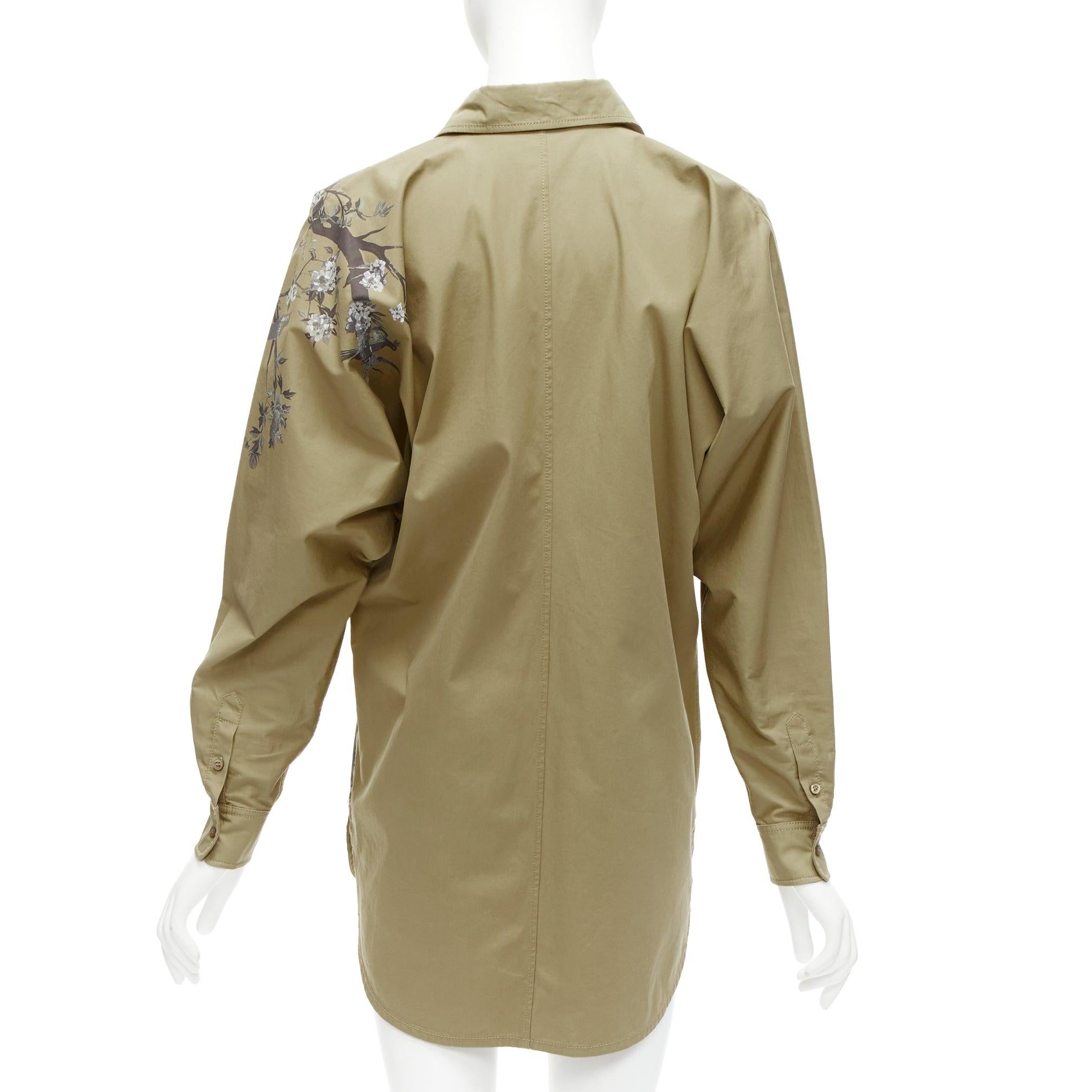 Women's CHRISTIAN DIOR 2022 Jardin dhiver khaki bird flower dress shirt FR34 XS For Sale