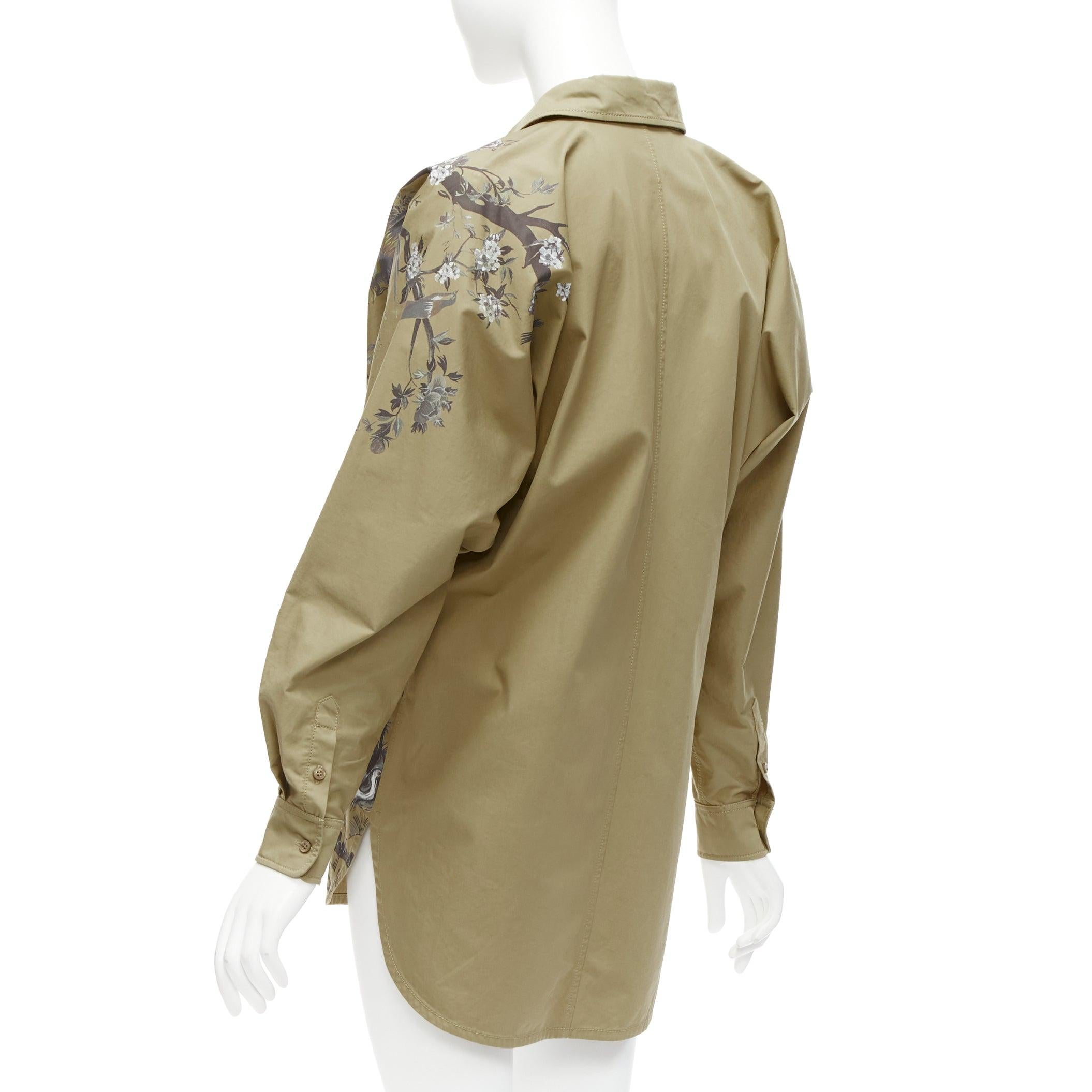 CHRISTIAN DIOR 2022 Jardin dhiver khaki bird flower dress shirt FR34 XS For Sale 1