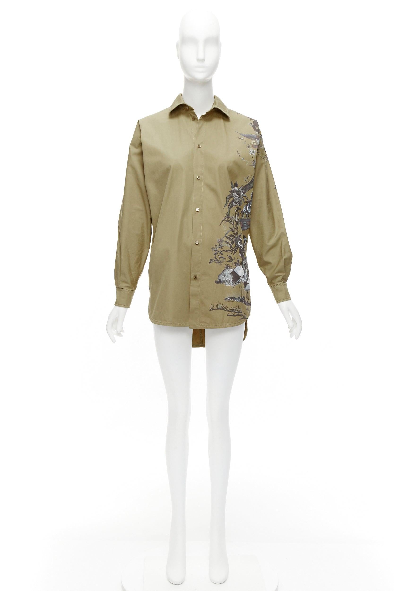 CHRISTIAN DIOR 2022 Jardin dhiver khaki bird flower dress shirt FR34 XS For Sale 2