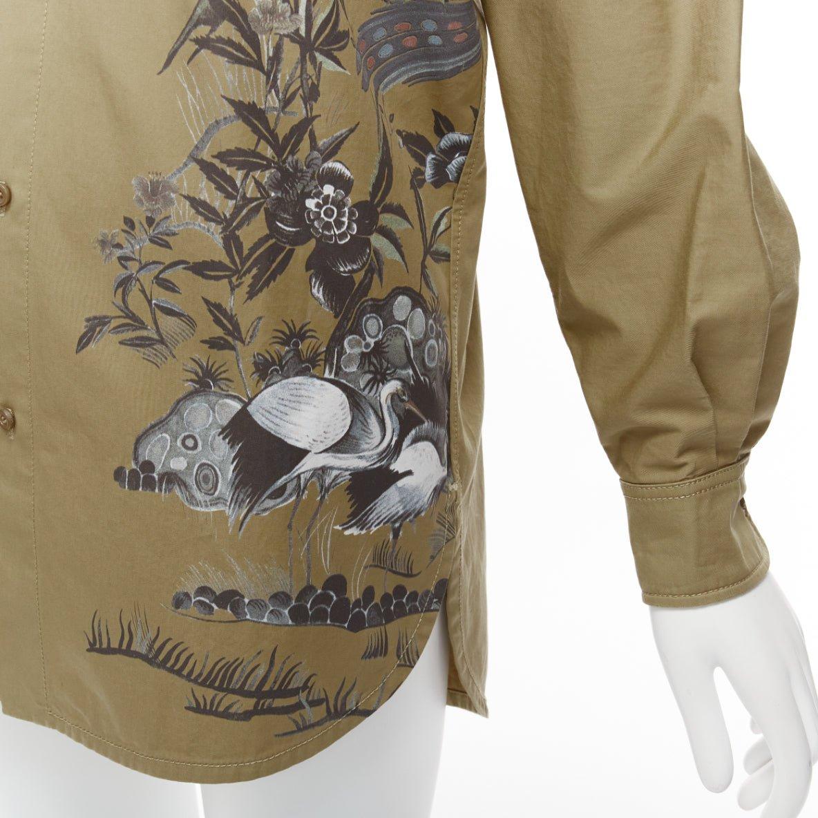 CHRISTIAN DIOR 2022 Jardin dhiver khaki bird flower dress shirt FR34 XS For Sale 3