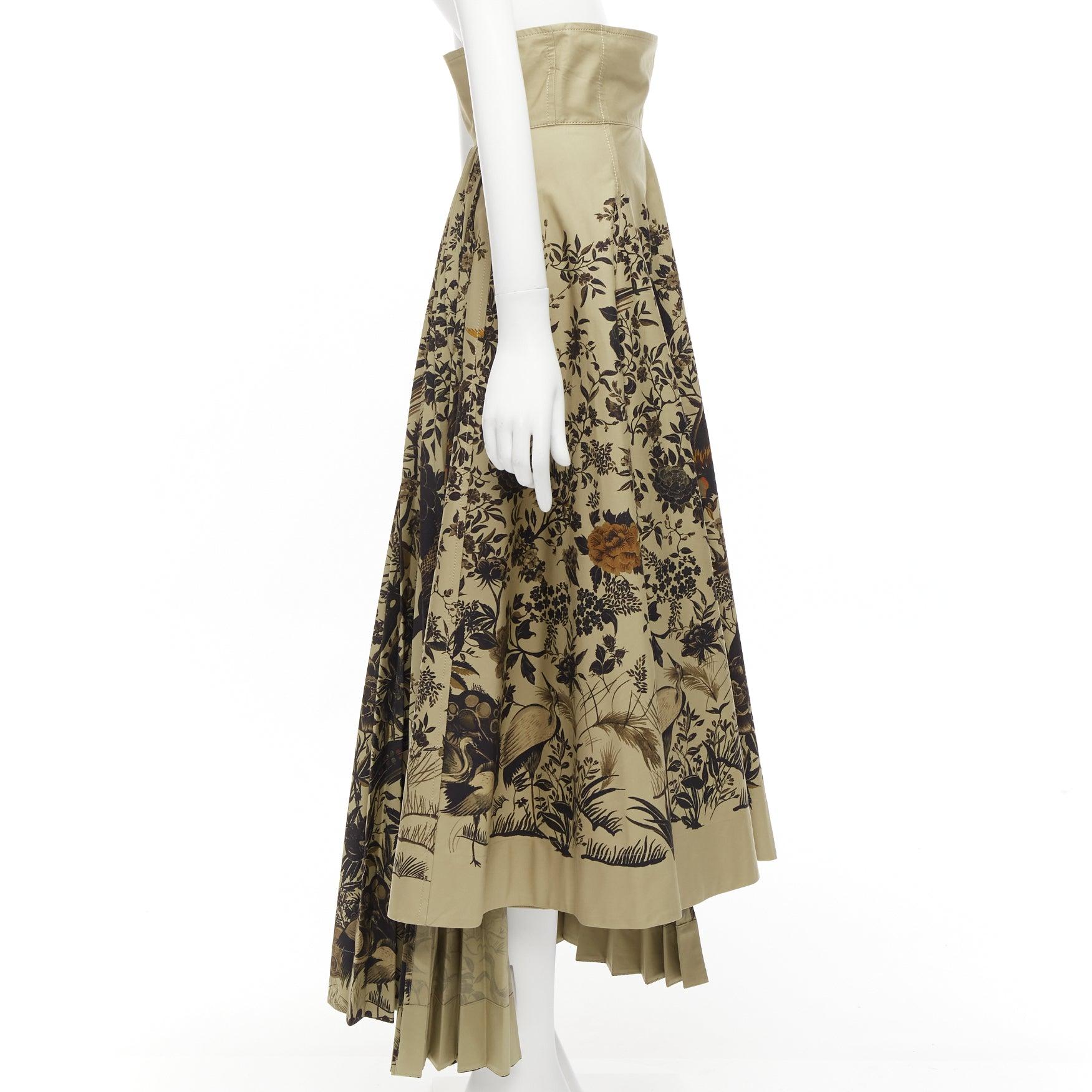 CHRISTIAN DIOR 2022 Jardin D'Hiver Runway khaki bird floral skirt FR36 S In Excellent Condition For Sale In Hong Kong, NT