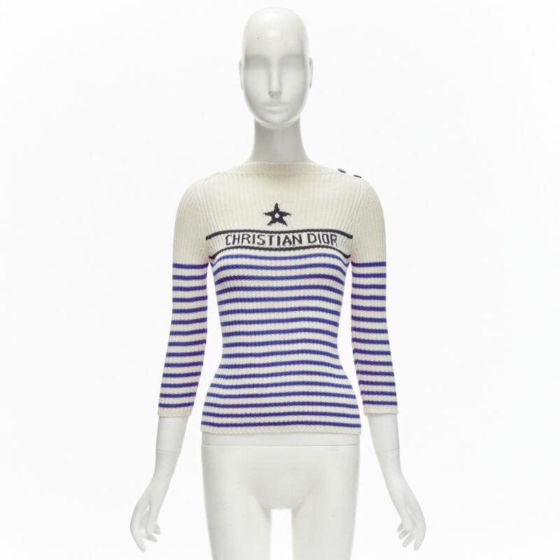 CHRISTIAN DIOR 2022 Mariniere blue nautical sailor stripe logo ribbed top FR34 For Sale 5