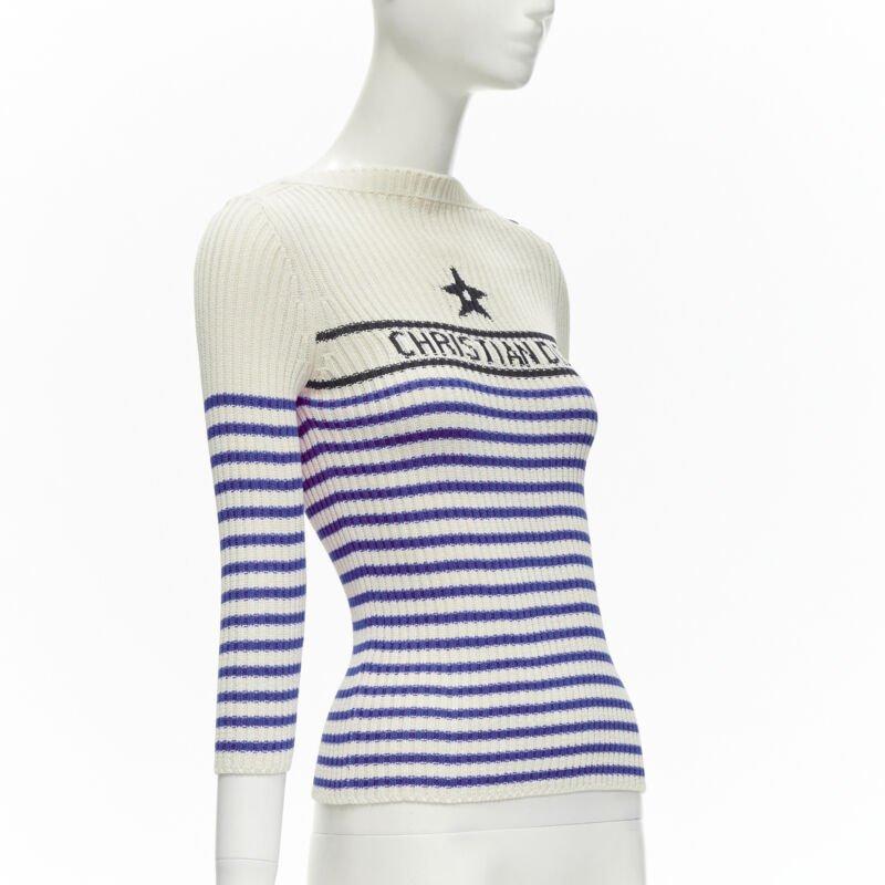 Gray CHRISTIAN DIOR 2022 Mariniere blue nautical sailor stripe logo ribbed top FR34 For Sale