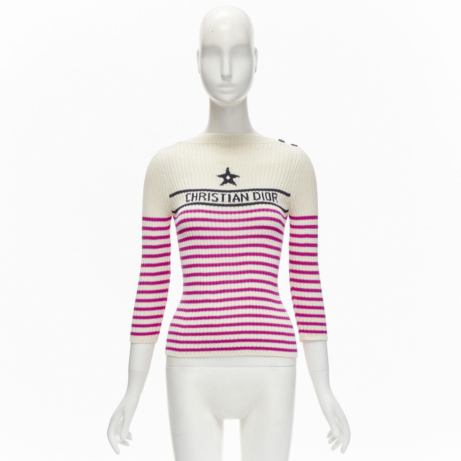 CHRISTIAN DIOR 2022 Mariniere pink nautical sailor stripe logo ribbed top FR34 For Sale 5