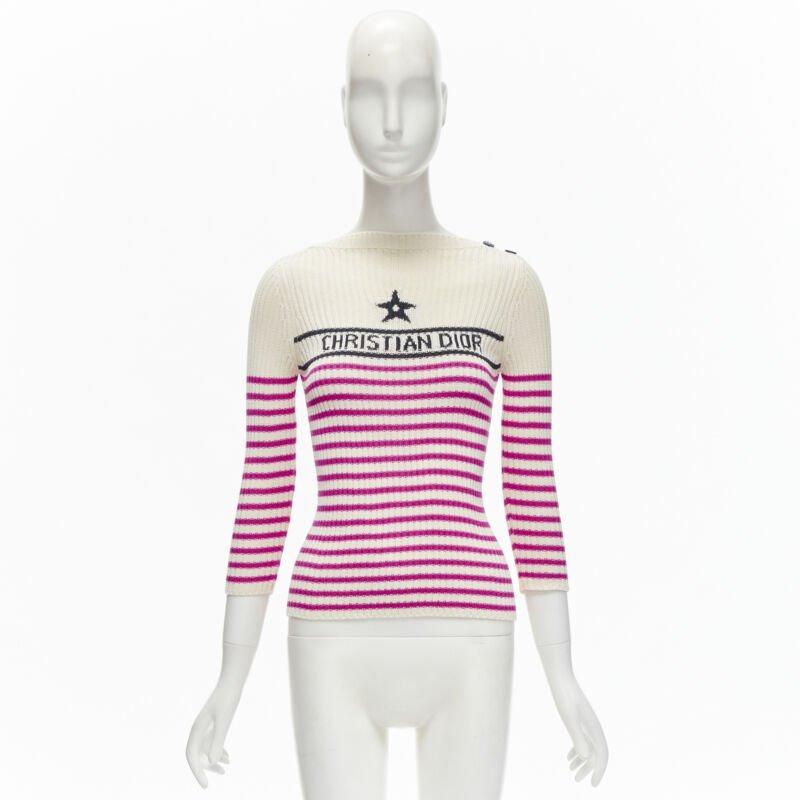 CHRISTIAN DIOR 2022 Mariniere pink nautical sailor stripe logo ribbed top FR34 For Sale 5