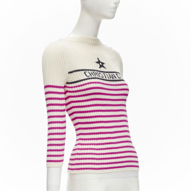 Beige CHRISTIAN DIOR 2022 Mariniere pink nautical sailor stripe logo ribbed top FR34 For Sale
