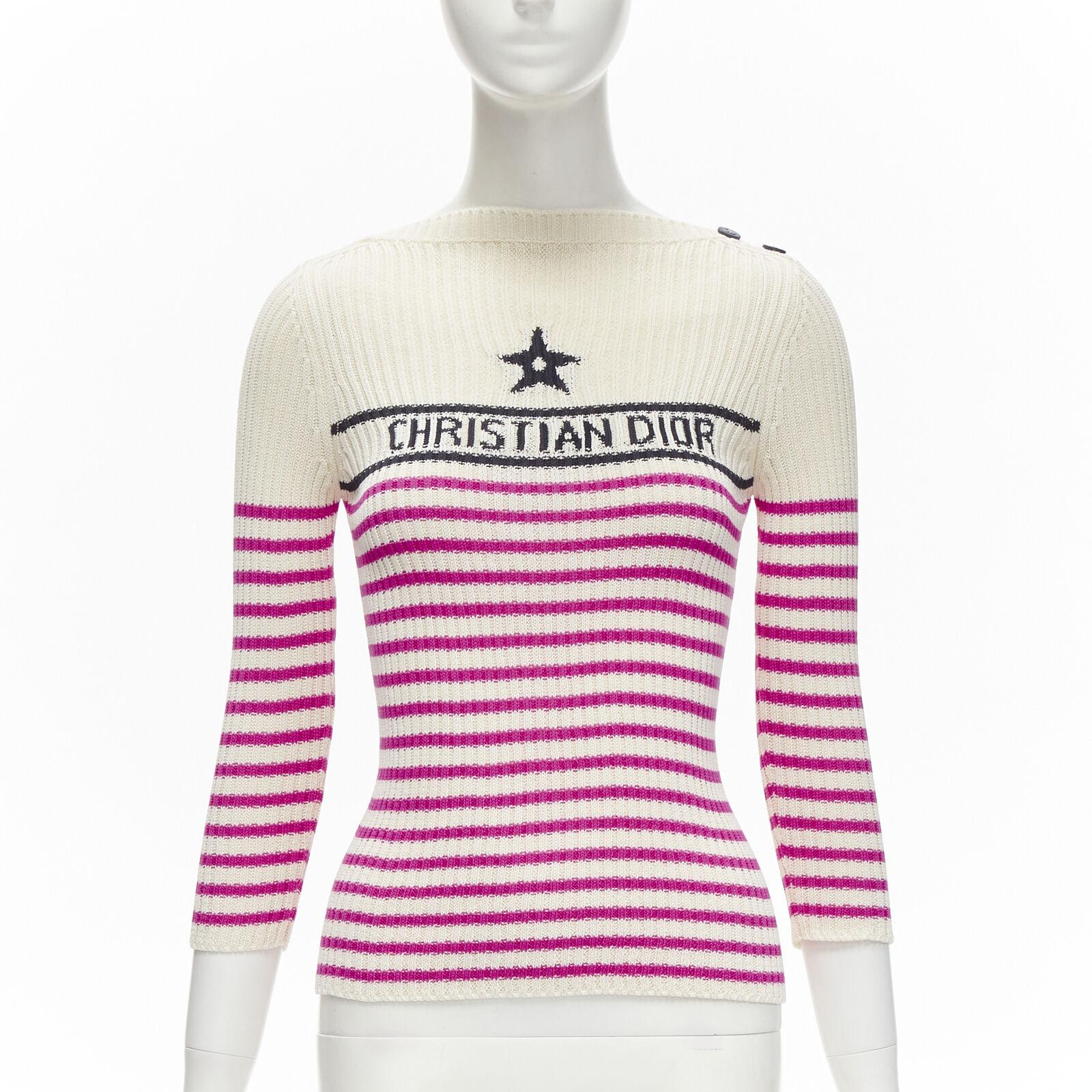 CHRISTIAN DIOR 2022 Mariniere pink nautical sailor stripe logo ribbed top FR34 For Sale