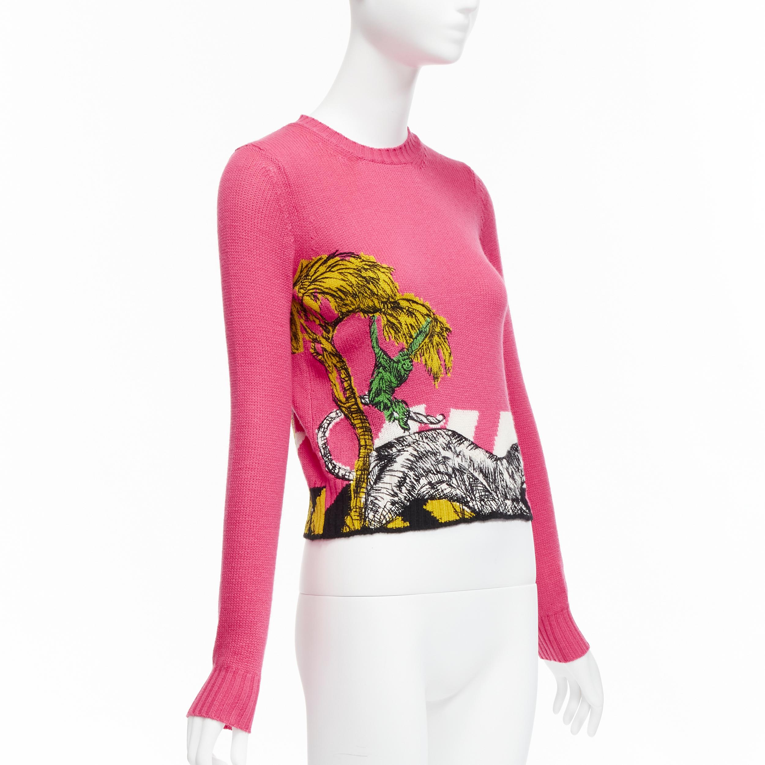 CHRISTIAN DIOR 2022 pink tree monkey tiger embroidery cropped sweater FR34 XS In Excellent Condition In Hong Kong, NT