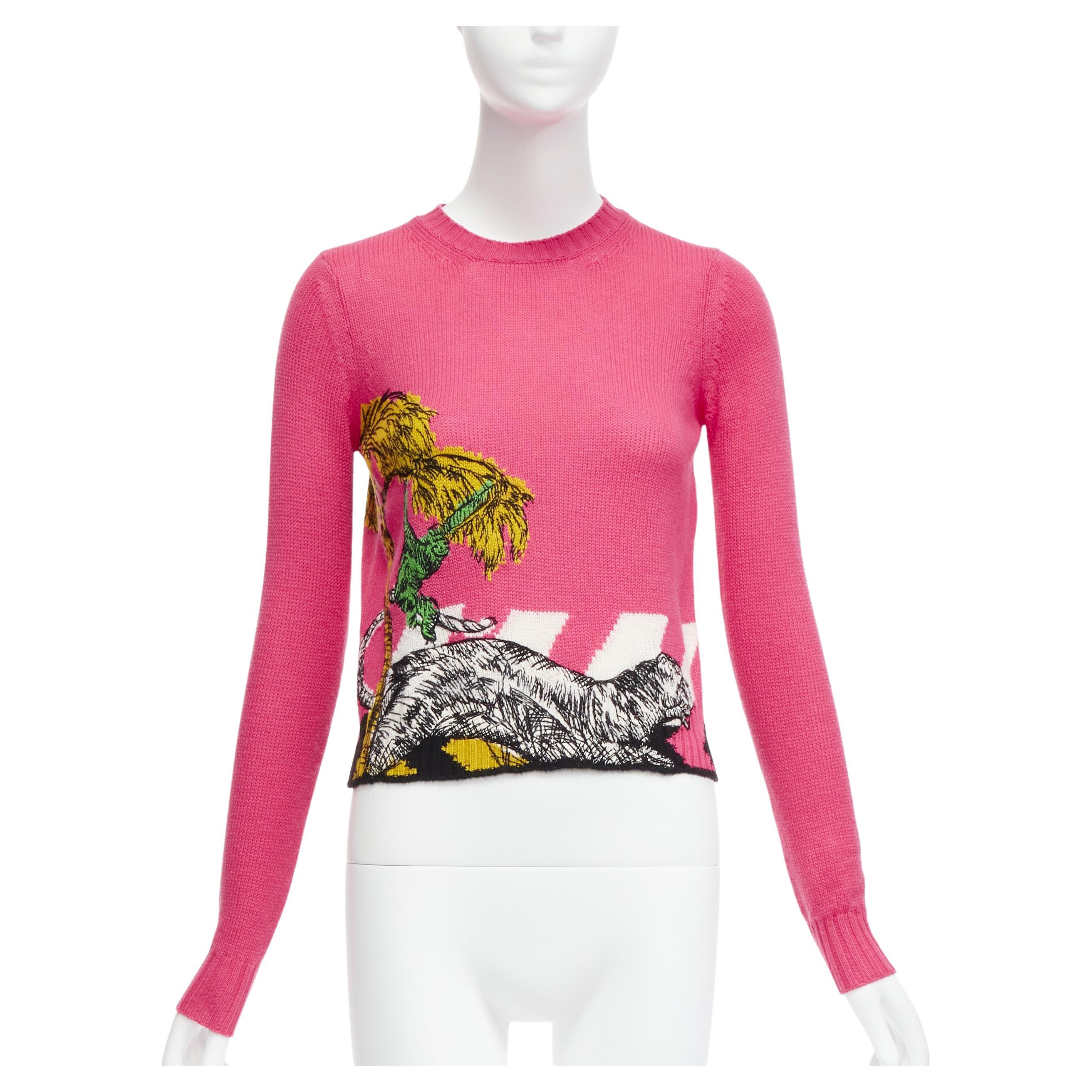 CHRISTIAN DIOR 2022 pink tree monkey tiger embroidery cropped sweater FR34 XS