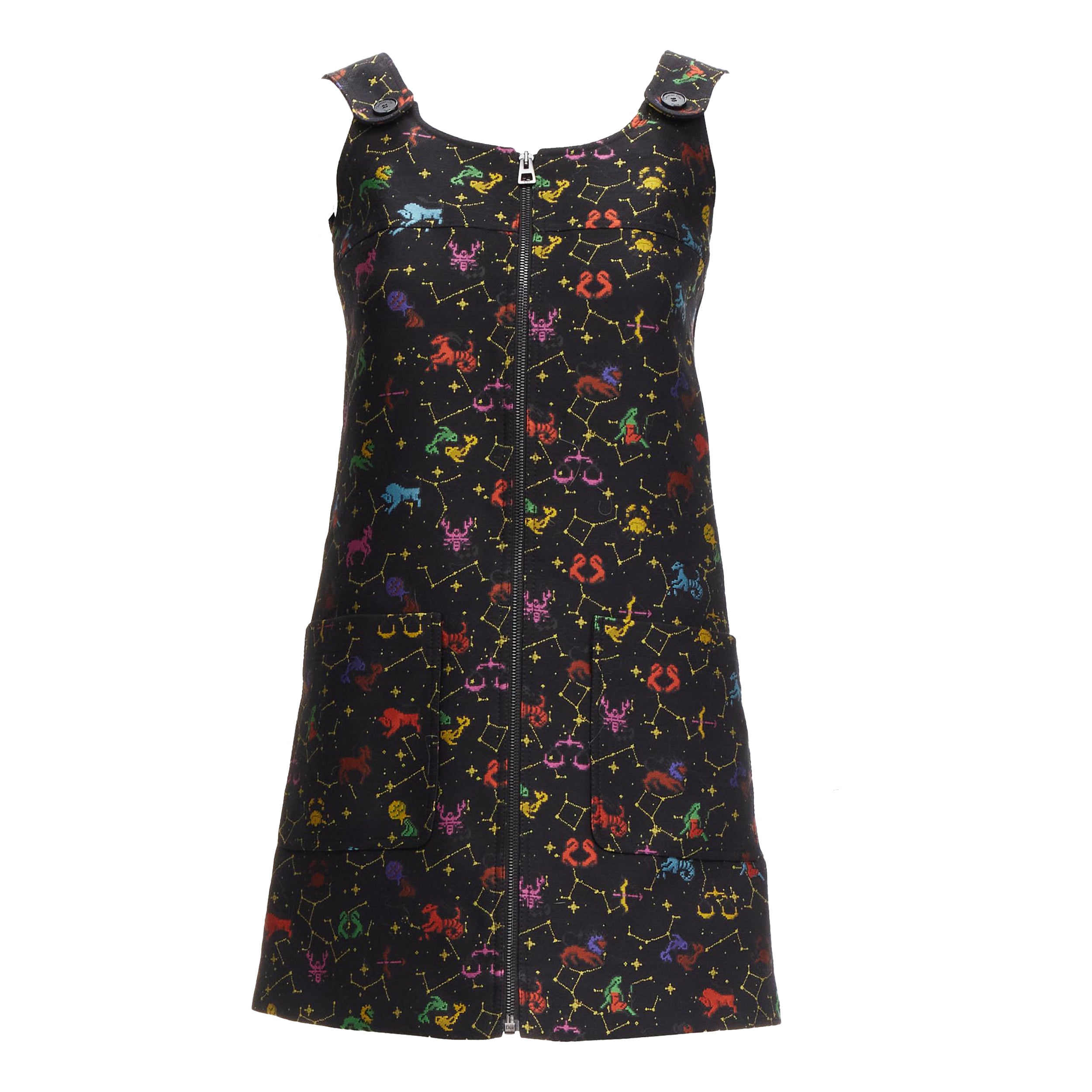 CHRISTIAN DIOR 2022 Pixel Zodiac Schwarzes astrology Jacquard-Minikleid mit Reißverschluss FR34 XS im Angebot