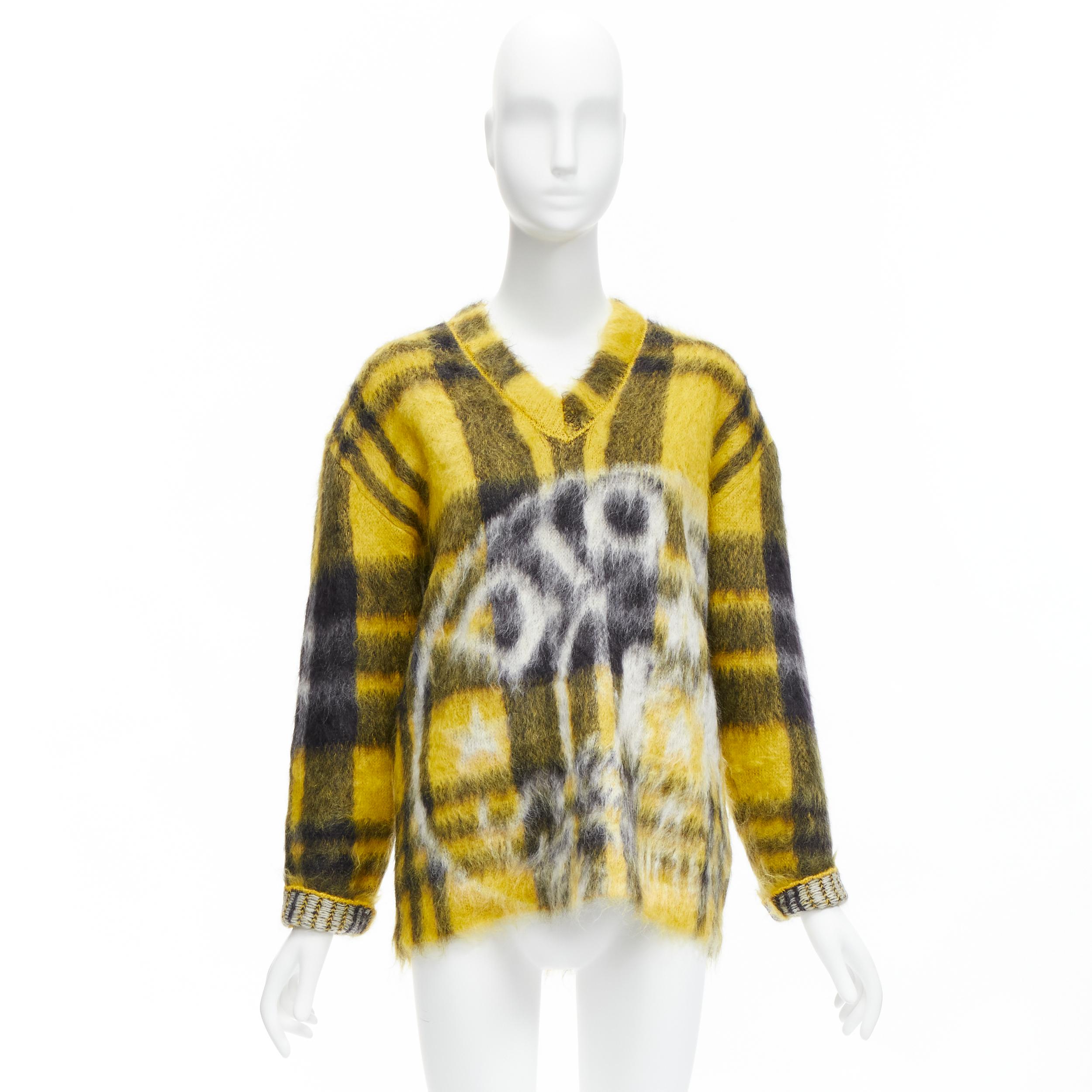 CHRISTIAN DIOR 2022 Runway stamp print plaid mohair blend fluffy sweater FR34 6
