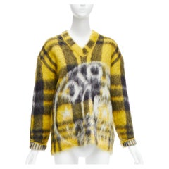 CHRISTIAN DIOR 2022 Runway stamp print plaid mohair blend fluffy sweater FR34 