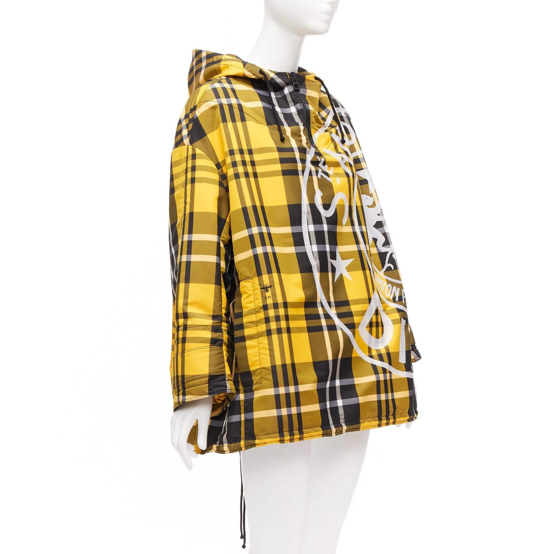 Beige CHRISTIAN DIOR 2022 Runway yellow tartan half zip hooded nylon popover XS For Sale