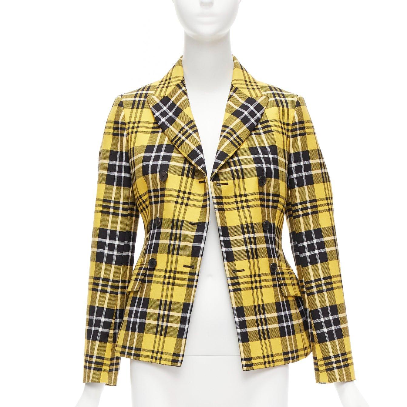 Beige CHRISTIAN DIOR 2022 Runway yellow tartan virgin wool bar jacket blazer FR34